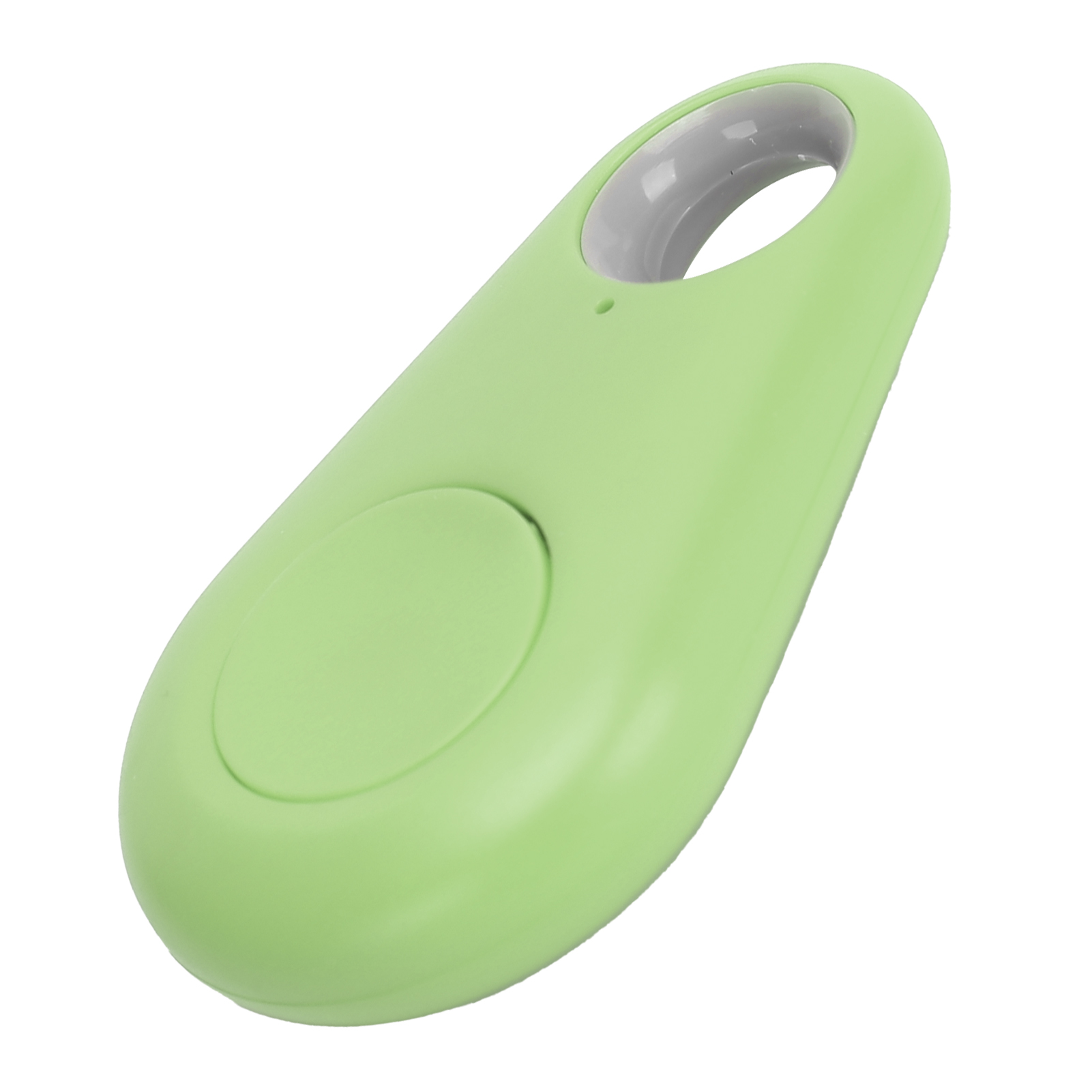 Grüner, ovalförmiger Tracker mit grauem Loch und Knopf. Weißer Hintergrund.