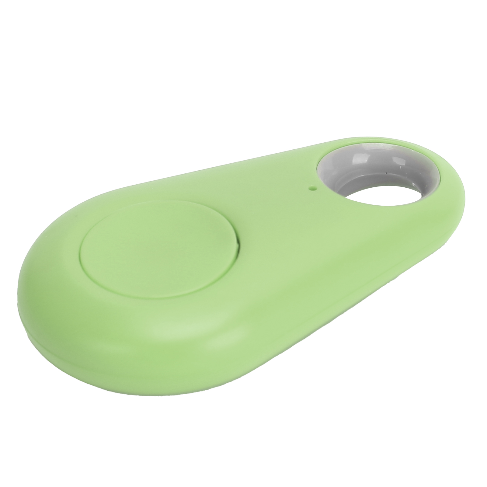 Grüner, ovalförmiger Tracker mit grauem Loch und Knopf. Weißer Hintergrund.
