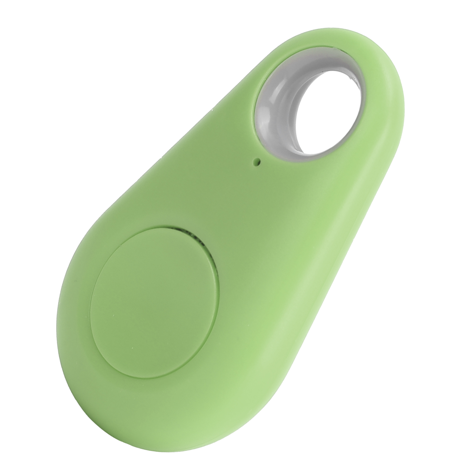 Grüner, ovalförmiger Tracker mit grauem Loch und Knopf. Weißer Hintergrund.