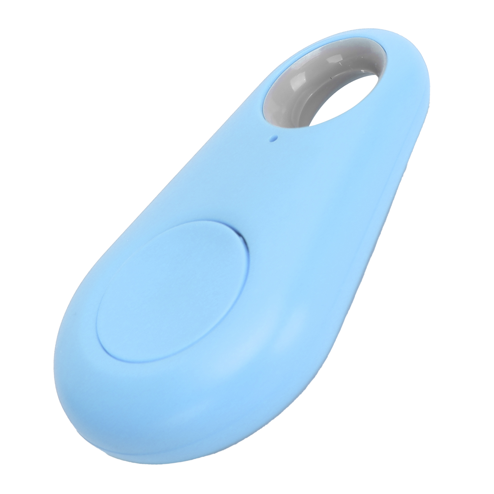 Blauer Tracker mit Knopf und Loch zur Befestigung, auf weißer Oberfläche.