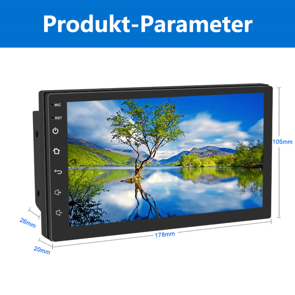 Schwarzer Auto-Bildschirm mit Abmessungen und dem Text 'Produkt-Parameter'.