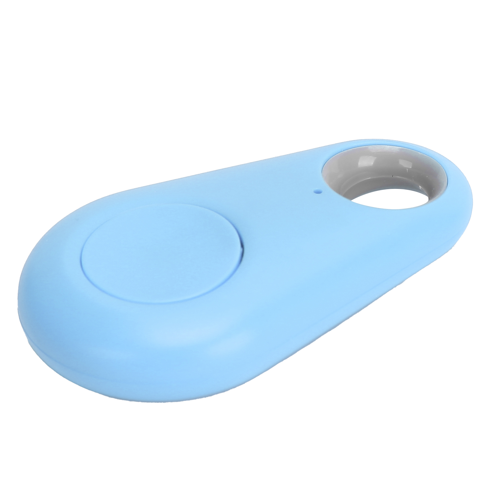 Blauer Schlüsselfinder. Oval geformt mit einem Knopf und einem Loch. Weißer Hintergrund.