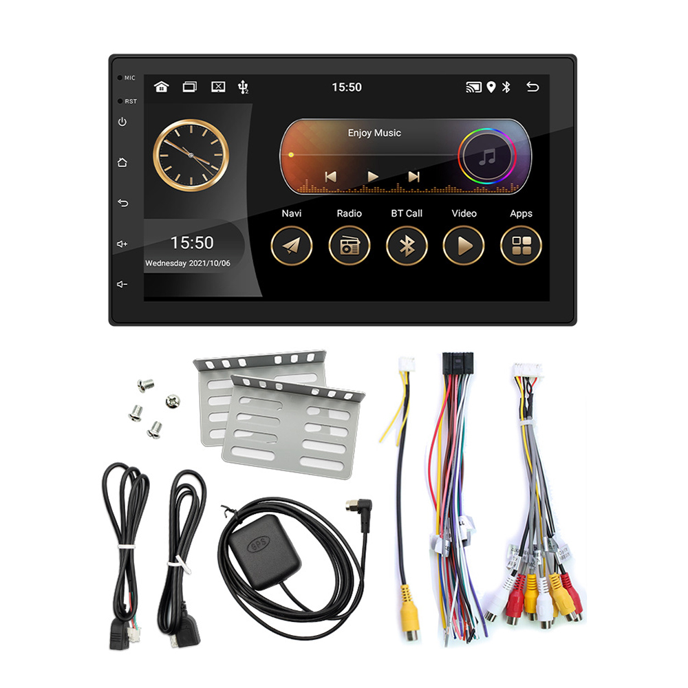 Autoradio-Bildschirm mit Uhrzeit, Musik und App-Symbolen. Zubehör: Kabel, Halterungen und Schrauben.