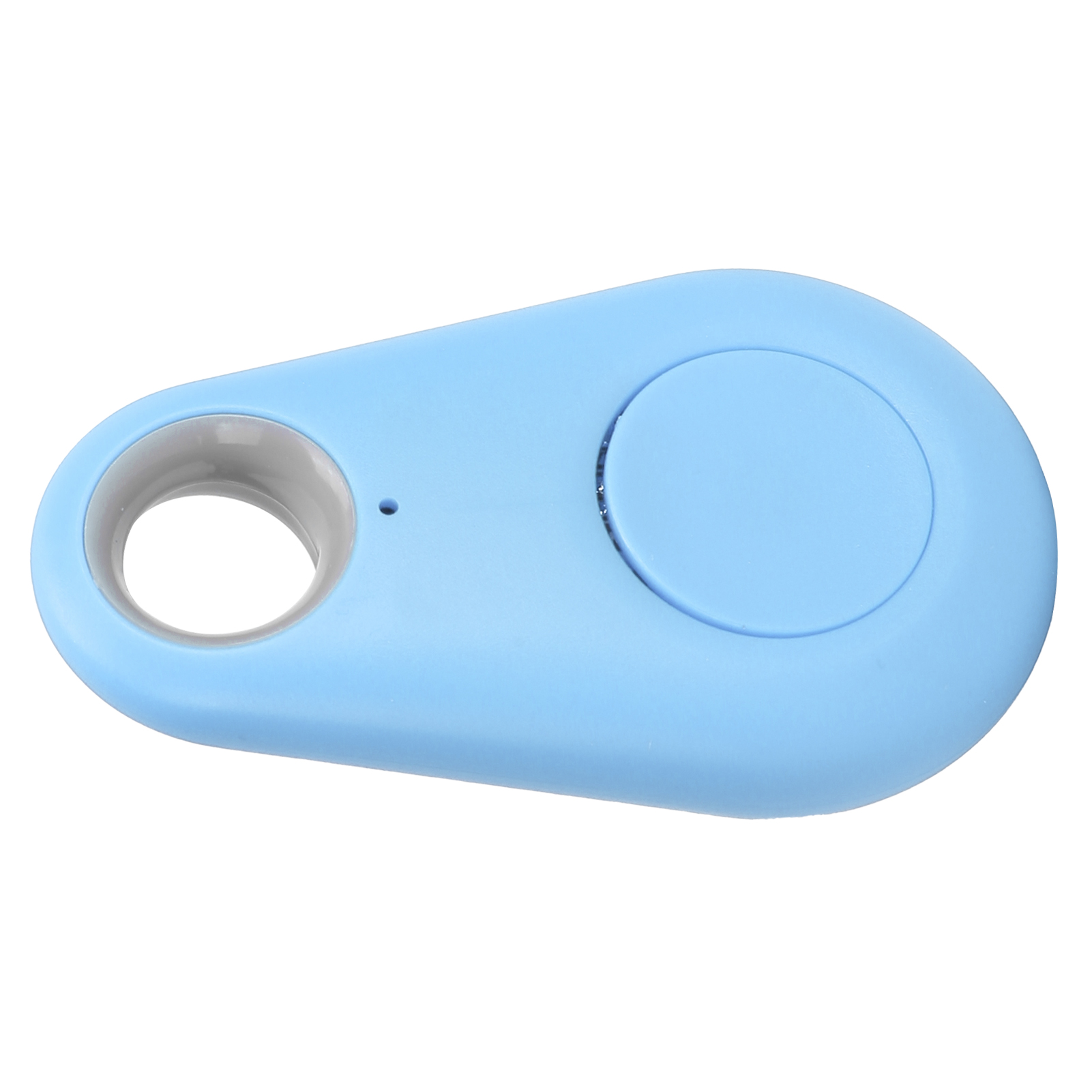 Ein blauer, tropfenförmiger Tracker mit Loch und Knopf.