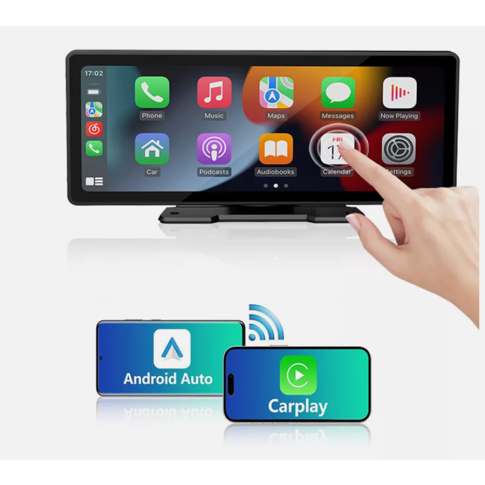Autobildschirm mit Android Auto und CarPlay Funktionen mit zwei Handys.