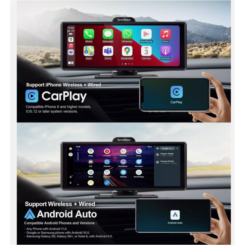 Autobildschirme, die CarPlay und Android Auto unterstützen, mit iPhone und Android.