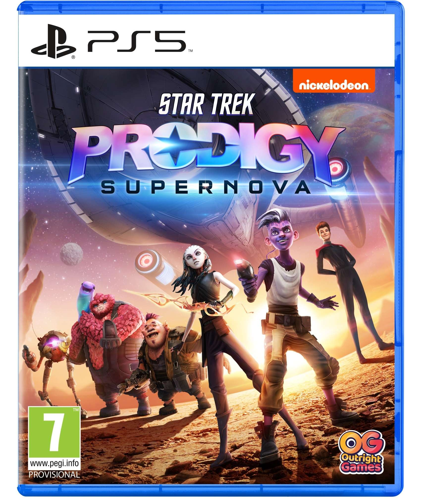 Okładka gry Star Trek Prodigy Supernova z wieloma postaciami i planetą.