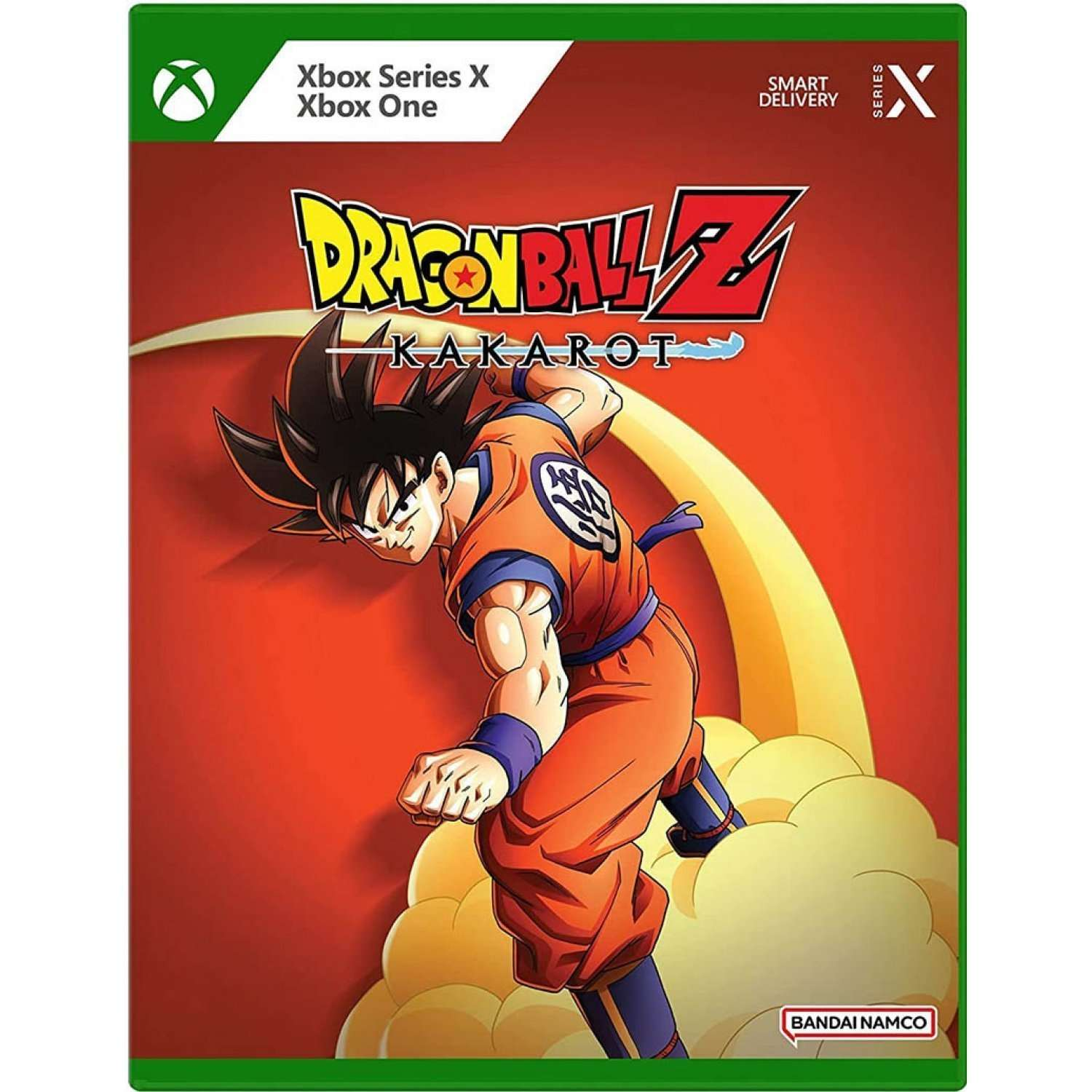 Okładka gry Dragon Ball Z Kakarot. Goku w pomarańczowym gi i chmurach.