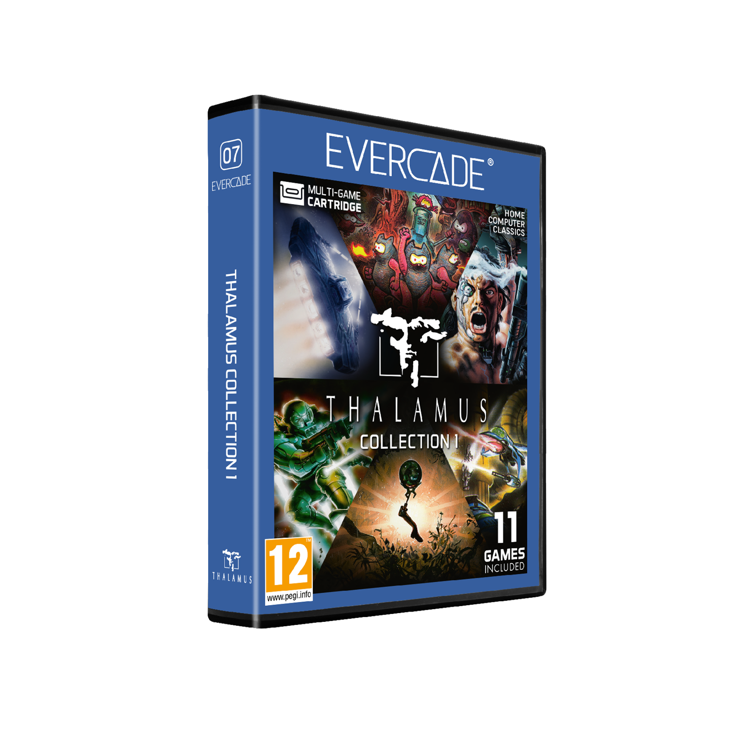 Pudełko z grą Evercade. Thalamus Collection 1. Zawiera grafikę z gier.
