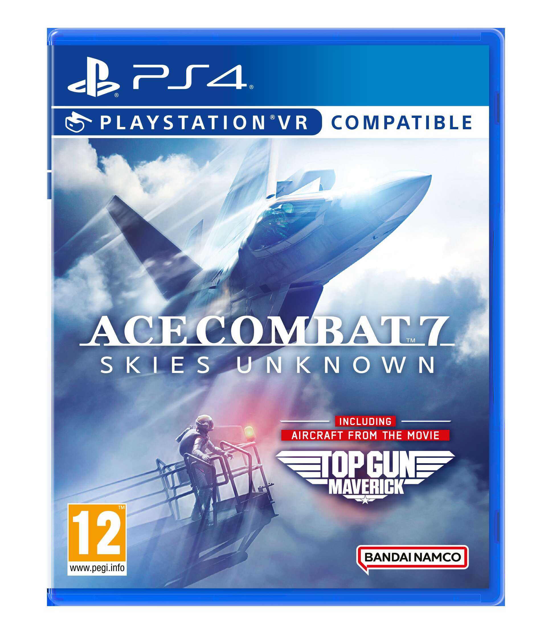 Custodia del gioco Ace Combat 7, blu, con un'immagine di caccia a reazione e un uomo su una piattaforma. Include Top Gun Maverick.