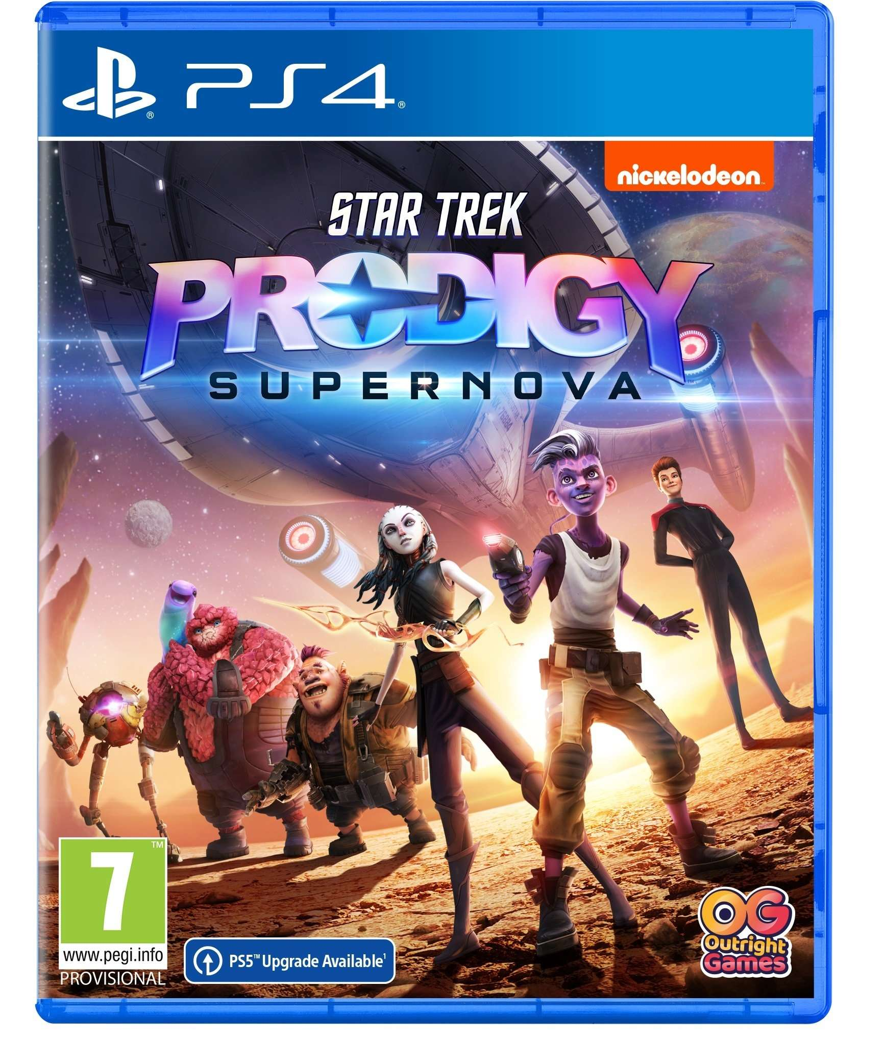 Pudełko z grą PS4 z postaciami Star Trek Prodigy, z tłem kosmicznym.