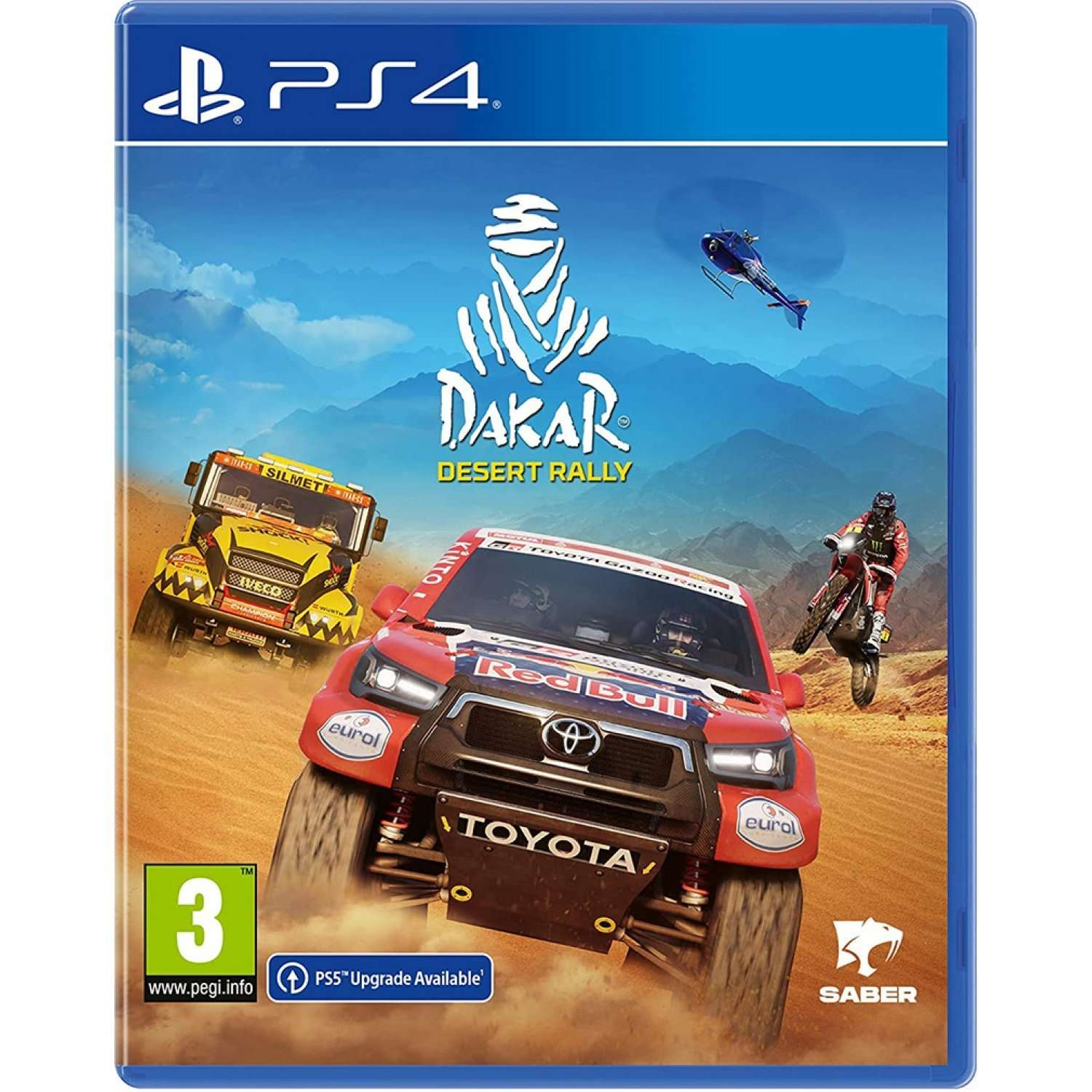 Copertina del gioco PS4. Auto da corsa in un rally nel deserto. Un elicottero vola.