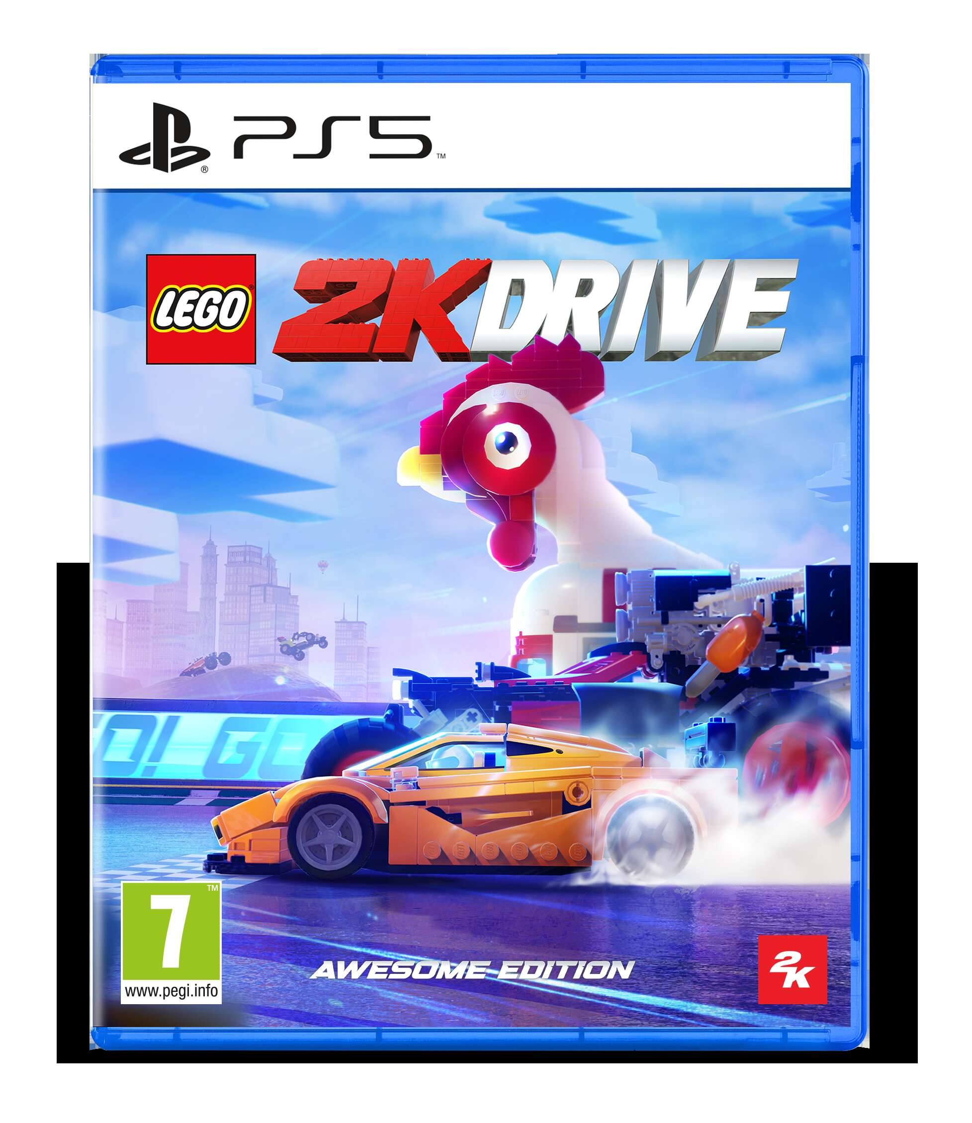 Copertina del gioco PS5. Un'auto LEGO corre su una pista. Un grande pollo LEGO sullo sfondo.