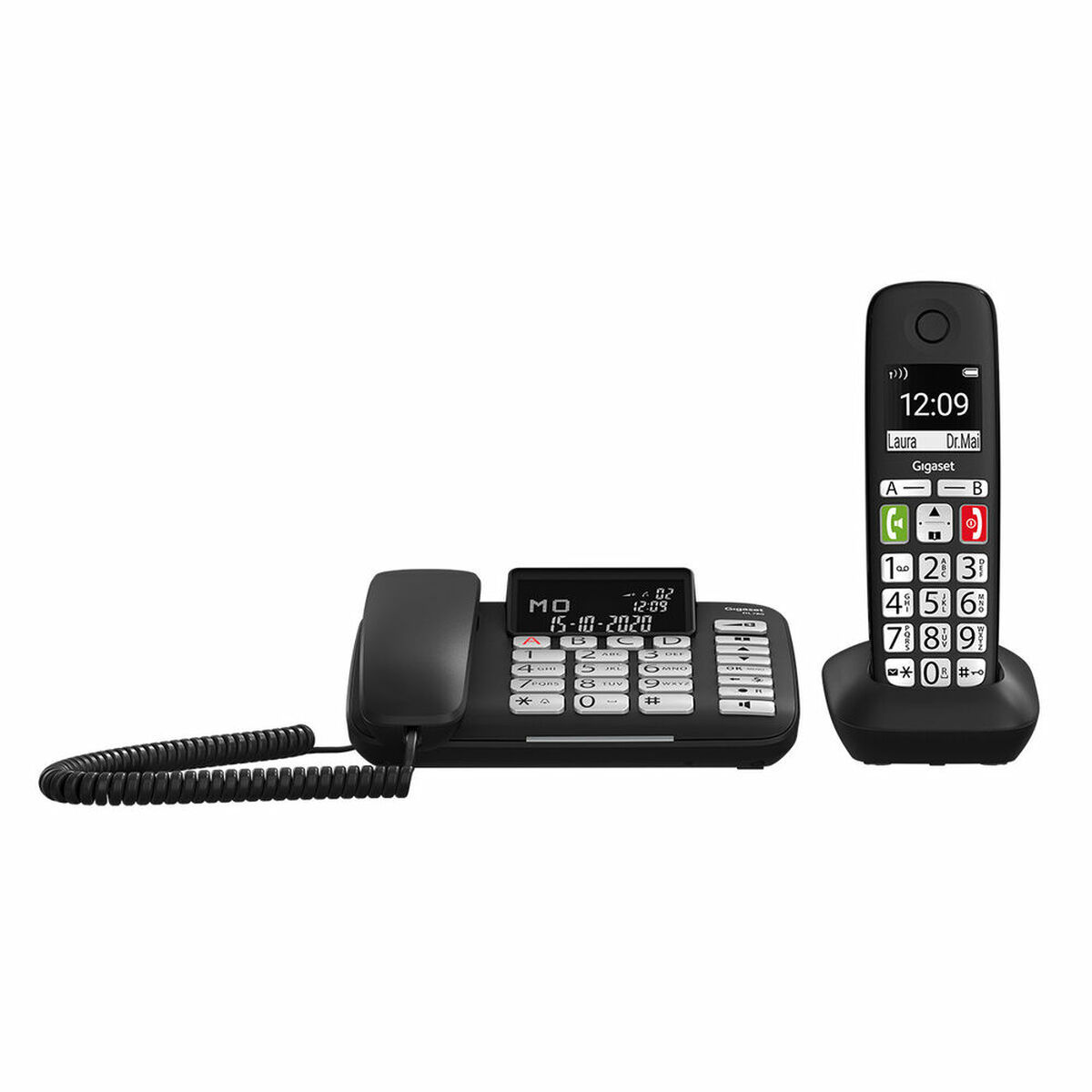 Telefono cordless nero con base, portatile e stazione di ricarica. Il display mostra ora e data.