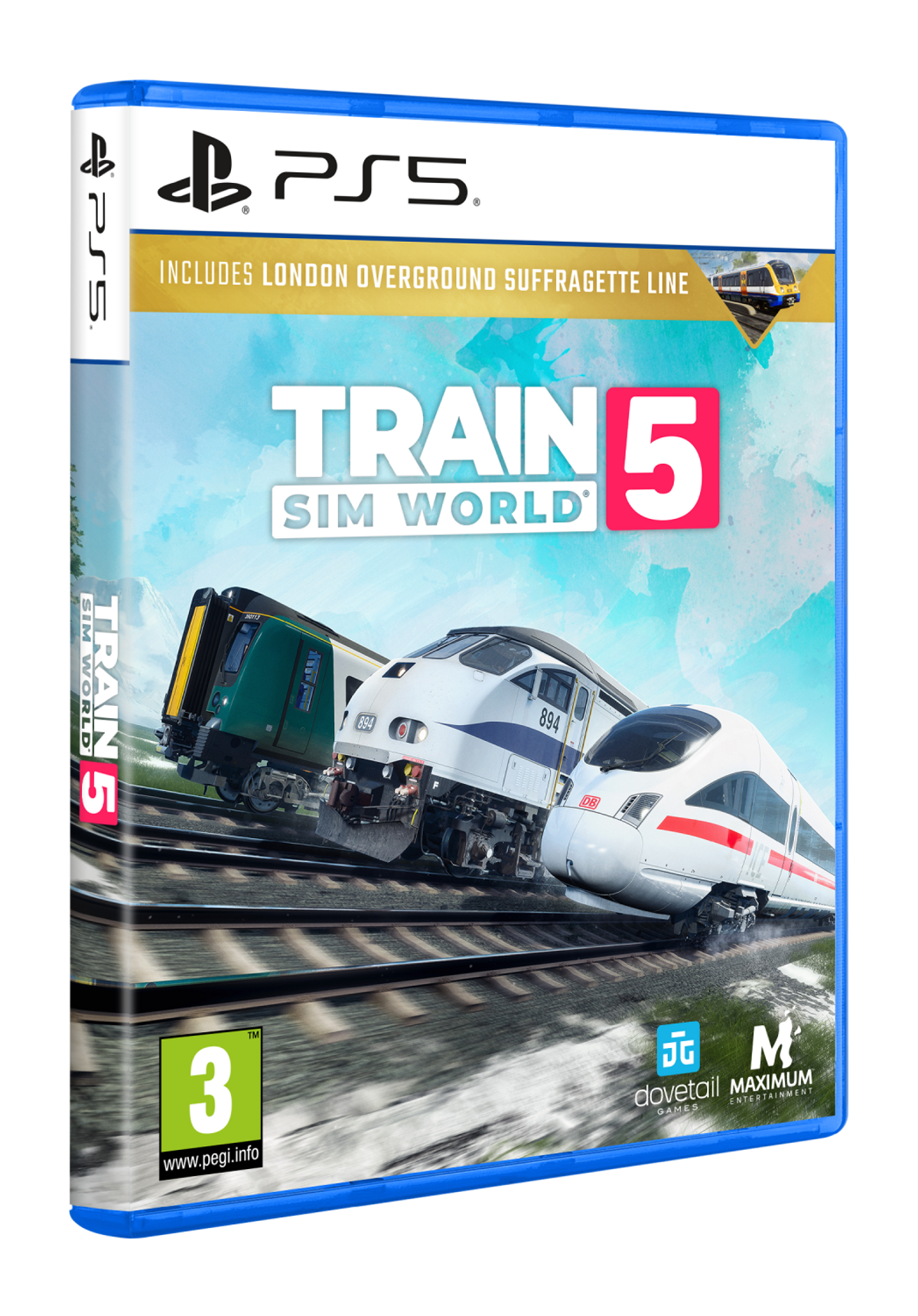 Grafika pudełka gry Train Sim World 5 z pociągami na torach.