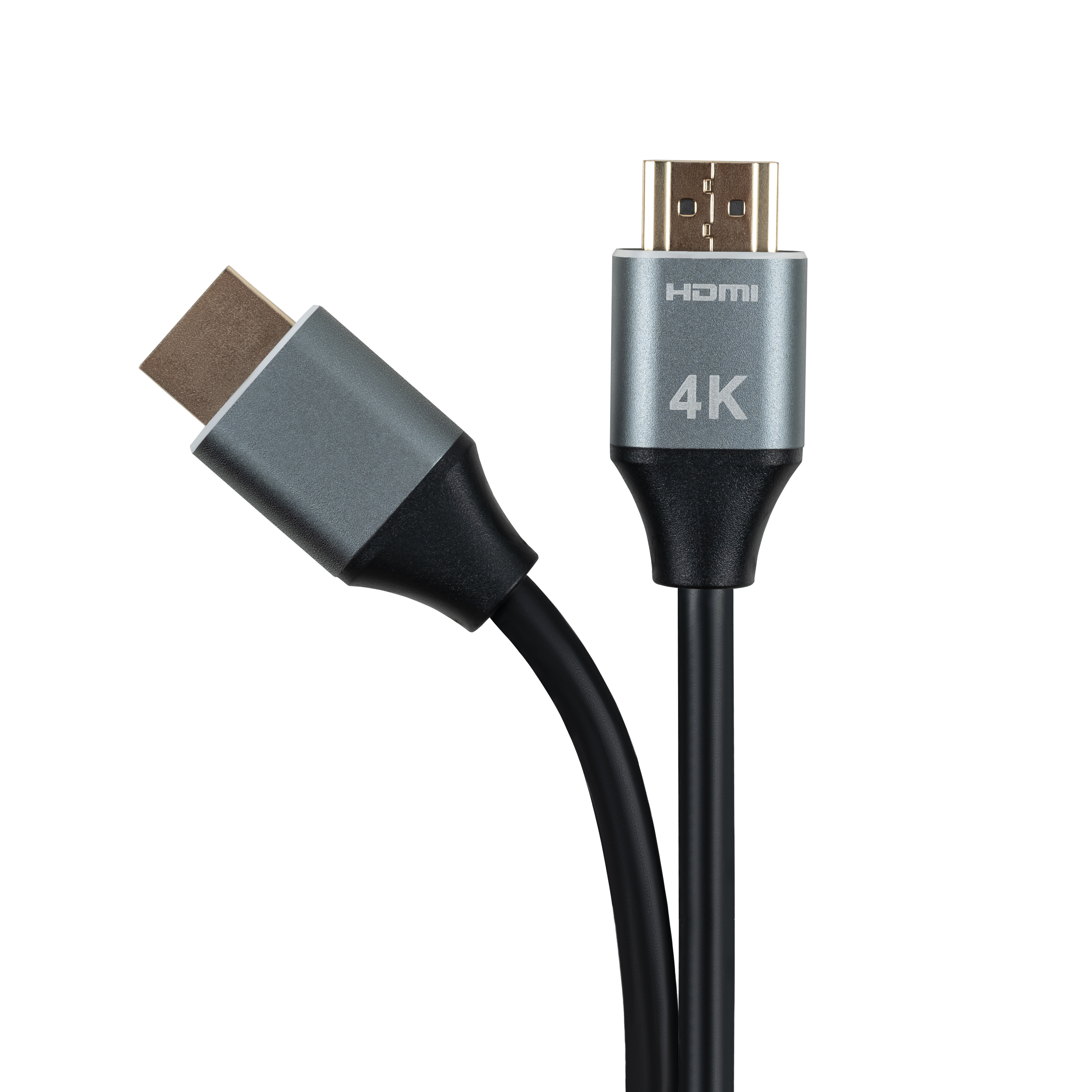 Dwa czarne kable HDMI z szarymi złączami. Jedno złącze jest koloru złotego.