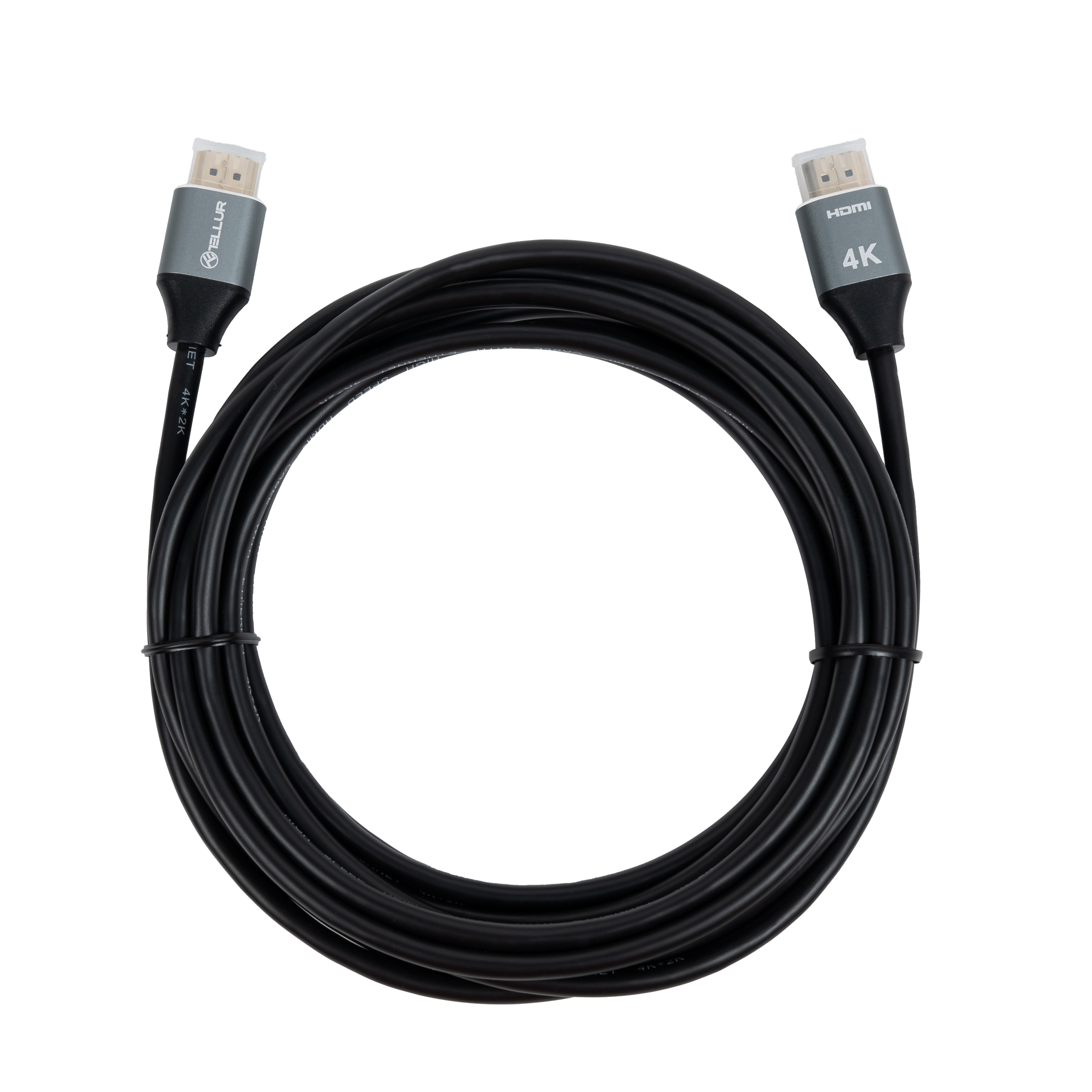 Czarny kabel HDMI w pętli, ze srebrnymi złączami.