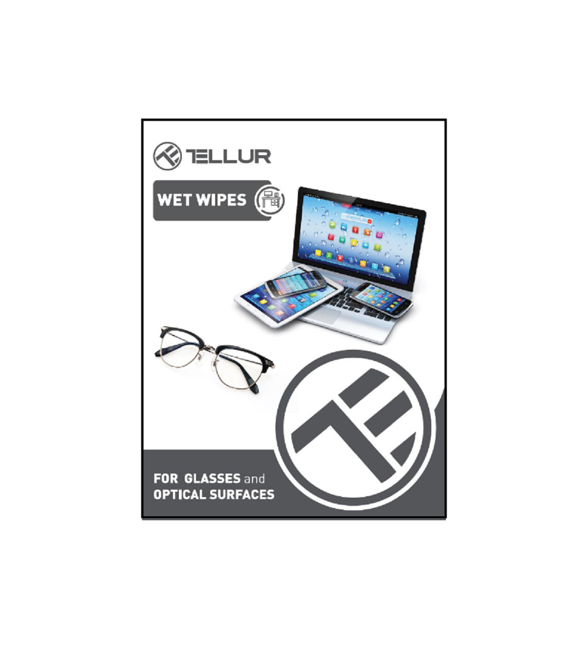 Opakowanie produktu: Chusteczki nawilżane do okularów i powierzchni optycznych. Pokazuje okulary, telefon, tablet i laptop.