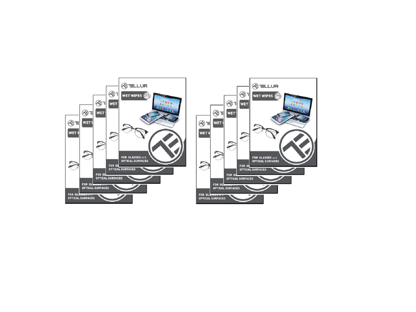 Wiele opakowań chusteczek nawilżanych do okularów. Każde opakowanie ma białe tło.