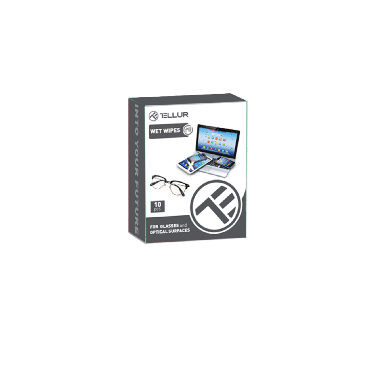 Pudełko chusteczek nawilżanych z ikonami okularów, telefonu i laptopa. Tekst: 'Wet Wipes'.