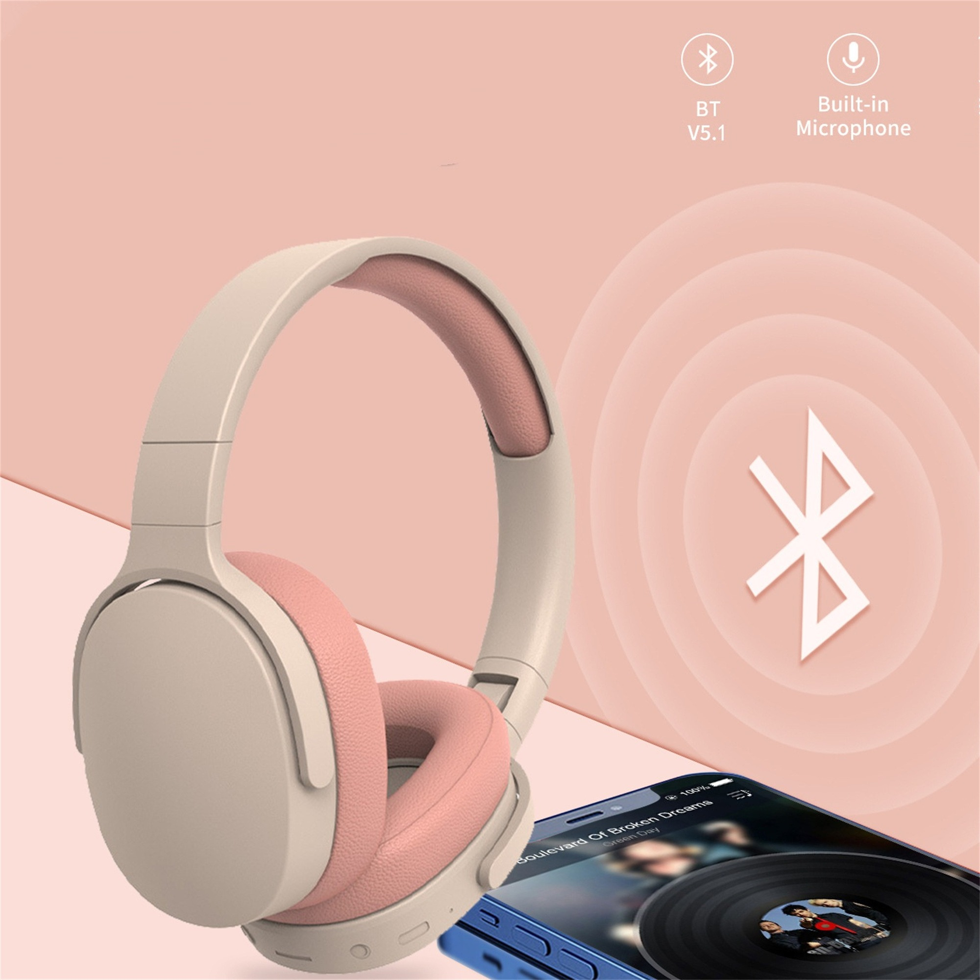 Beige Kopfhörer mit rosa Ohrpolstern, ein Telefon mit Schallplatte, Bluetooth Symbol.