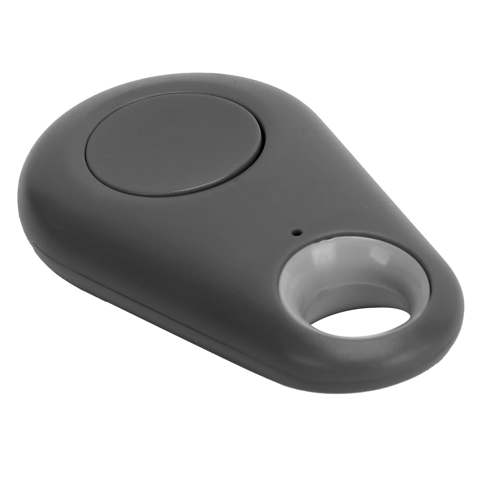 Grauer ovaler Tracker mit Knopf und Loch für einen Schlüsselring. Es hat ein schlichtes, modernes Design.