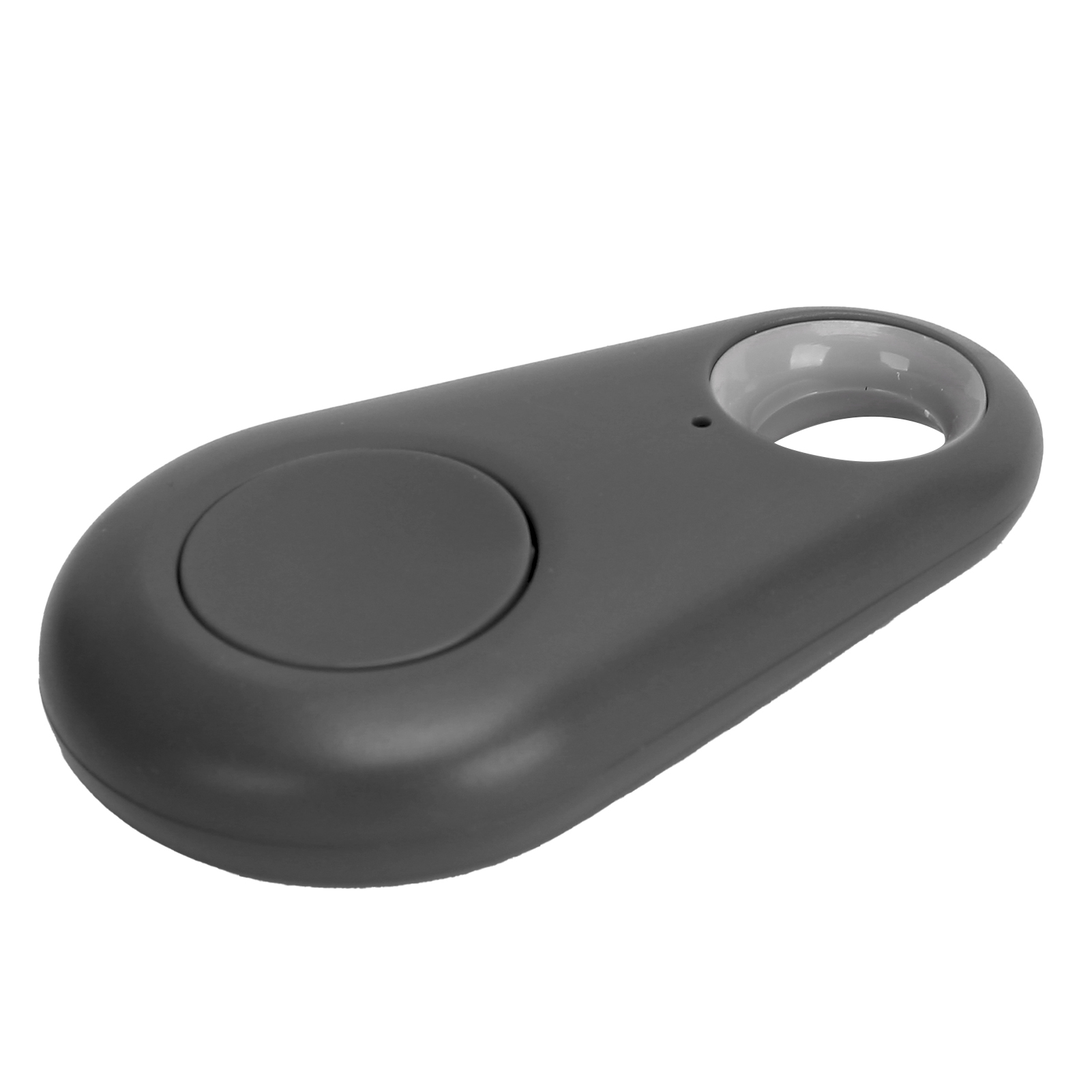 Grauer ovaler Tracker mit Knopf und Loch für einen Schlüsselring. Es hat ein schlichtes, modernes Design.