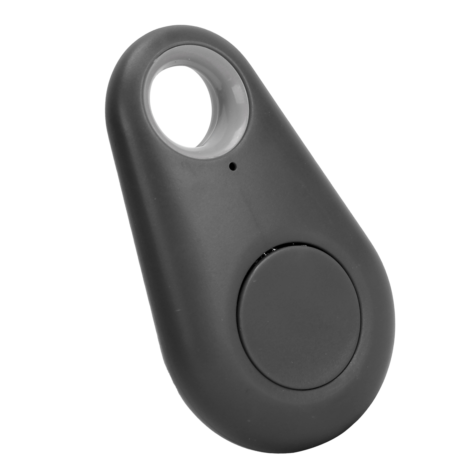Schwarzer ovaler Tracker mit Knopf und Loch für einen Schlüsselring. Es hat ein schlichtes, modernes Design.