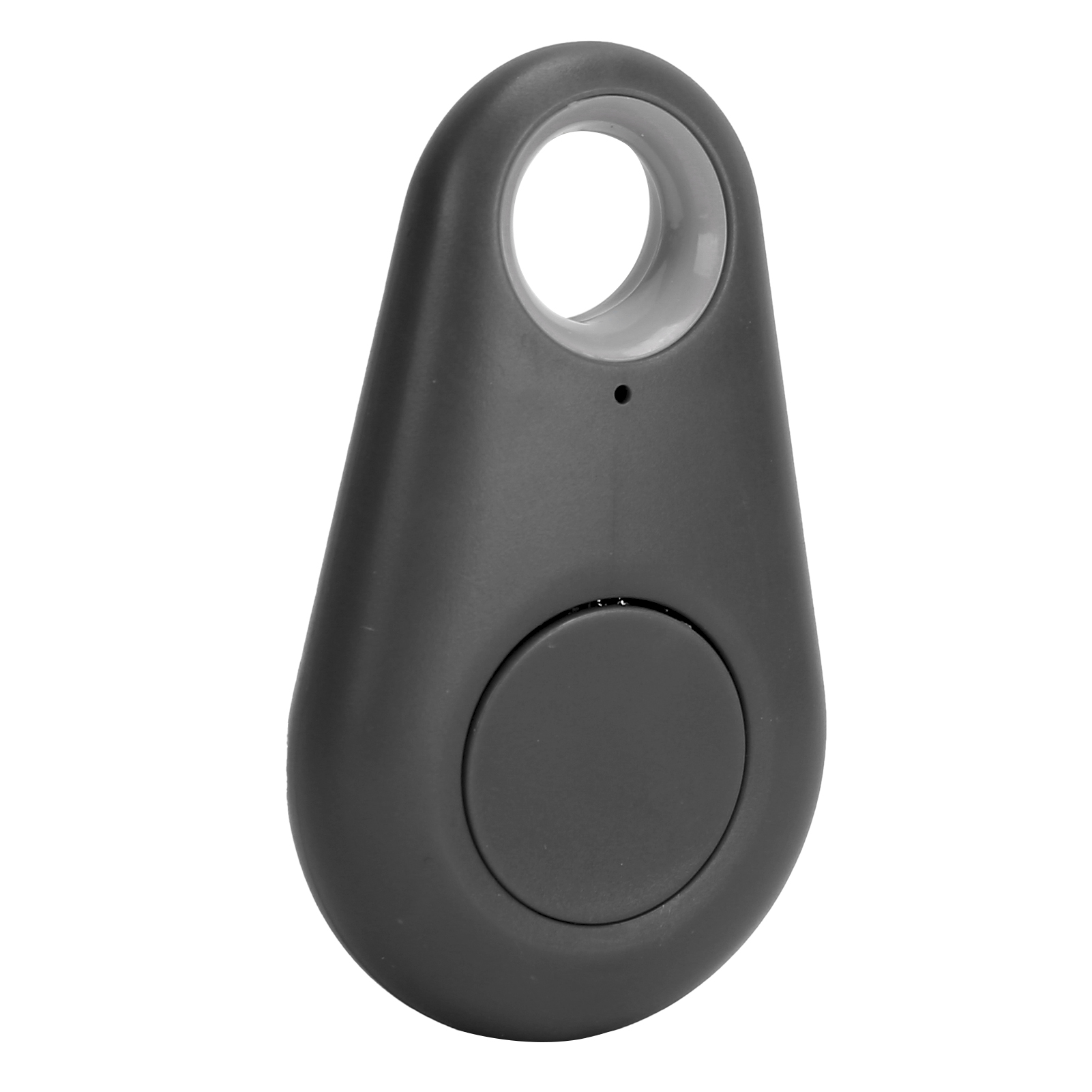 Schwarzer ovaler Tracker mit Knopf und Loch für einen Schlüsselring. Es hat ein schlichtes, modernes Design.