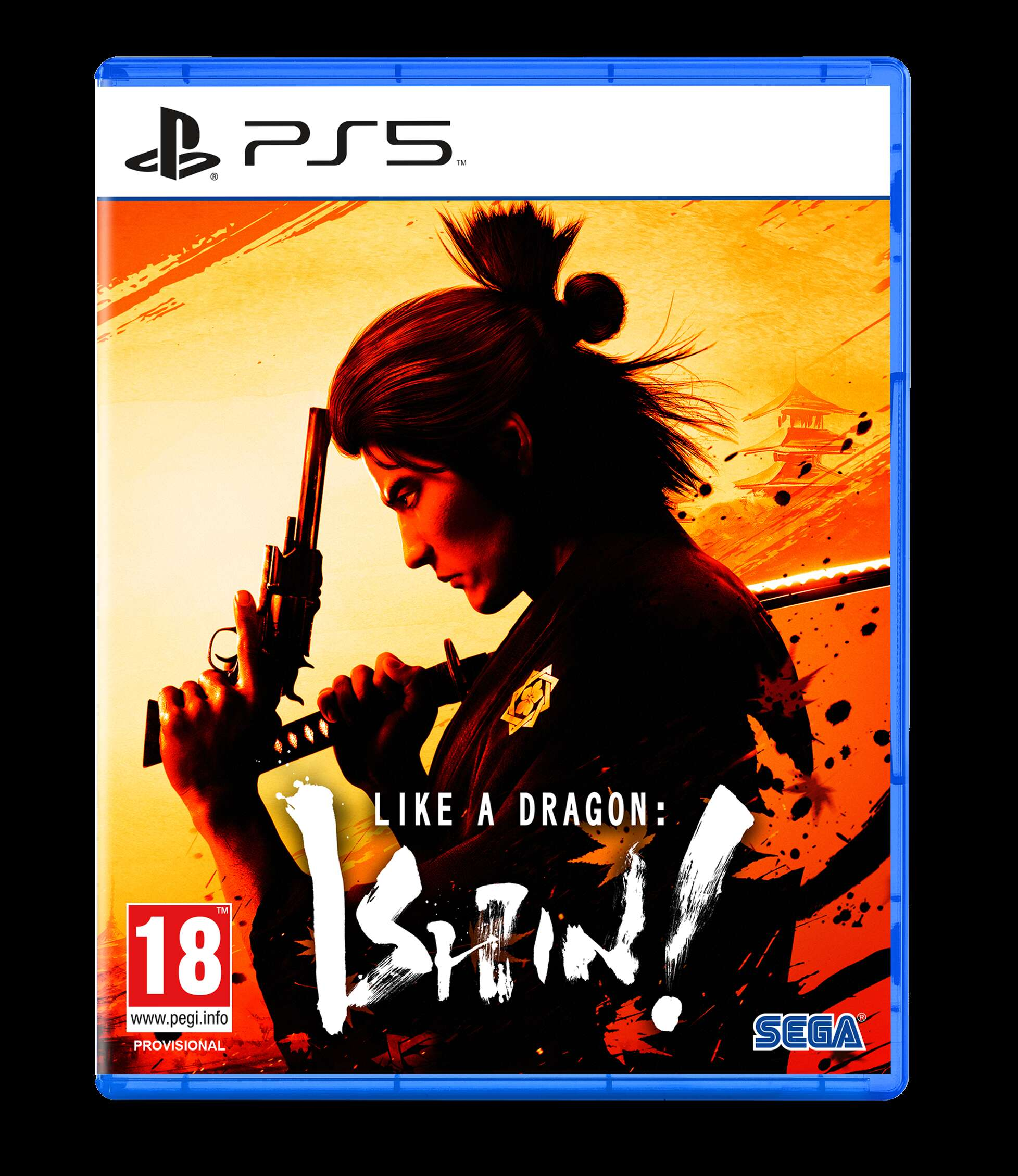 Custodia del gioco PS5 con una donna che tiene una pistola, con il titolo 'Like a Dragon: Ishin!'