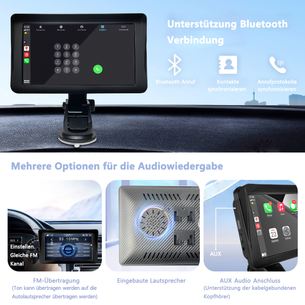 Ein Bildschirm im Auto mit mehreren Optionen für die Audiowiedergabe, darunter Bluetooth, FM und AUX. Der Hintergrund ist schwarz.