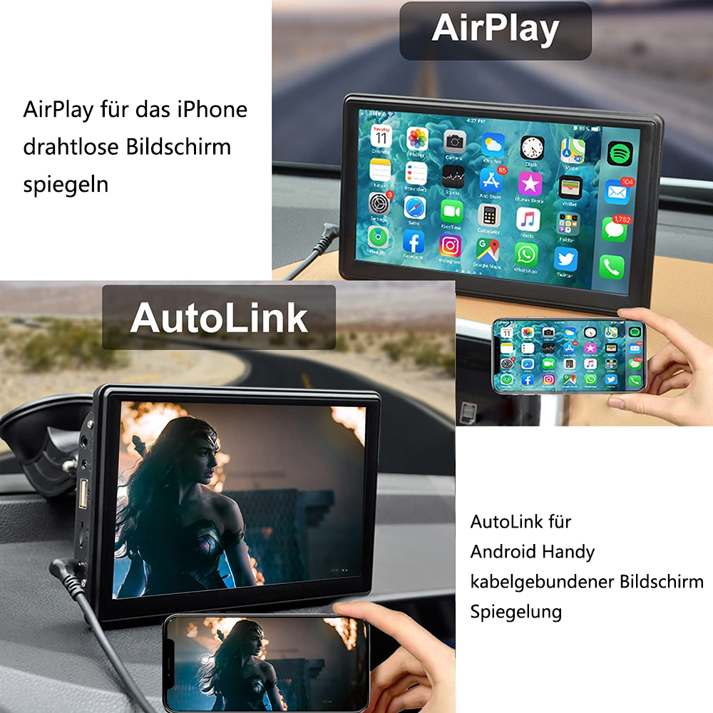 Bildschirme zeigen Autoanzeige, iPhone-Spiegelung und Android-Spiegelung, mit Text.