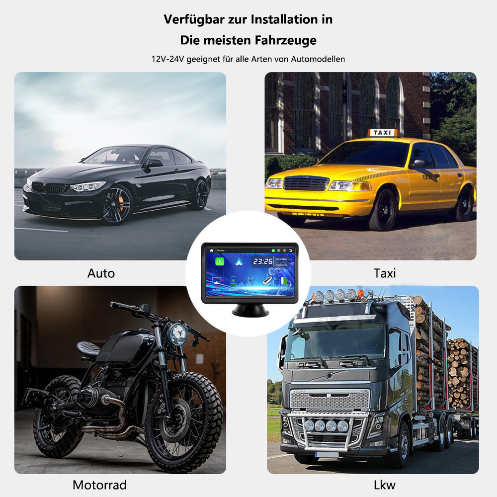 Vier Fahrzeuge: Auto, Taxi, Motorrad und LKW, mit zentralem Display.