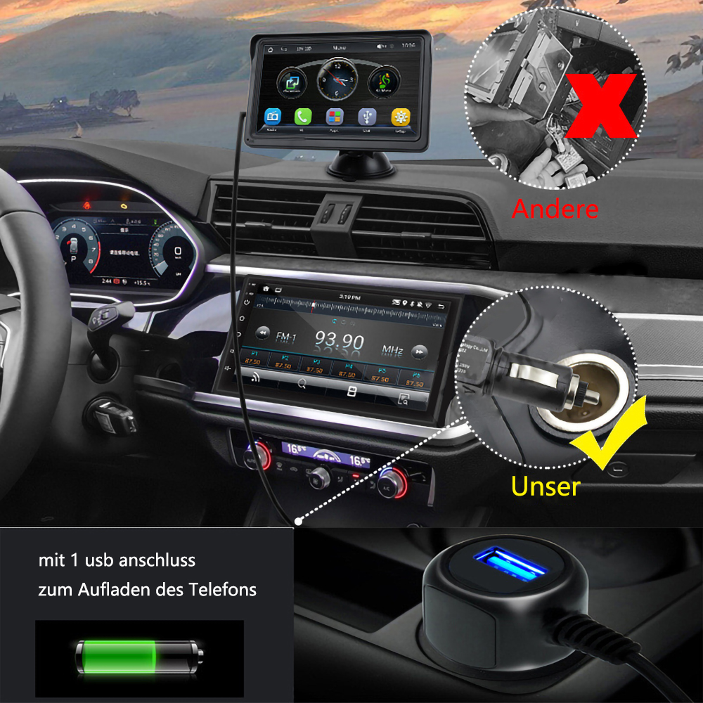 Auto-Armaturenbrett mit Bildschirm, Ladegerät und USB-Ladeanschluss.