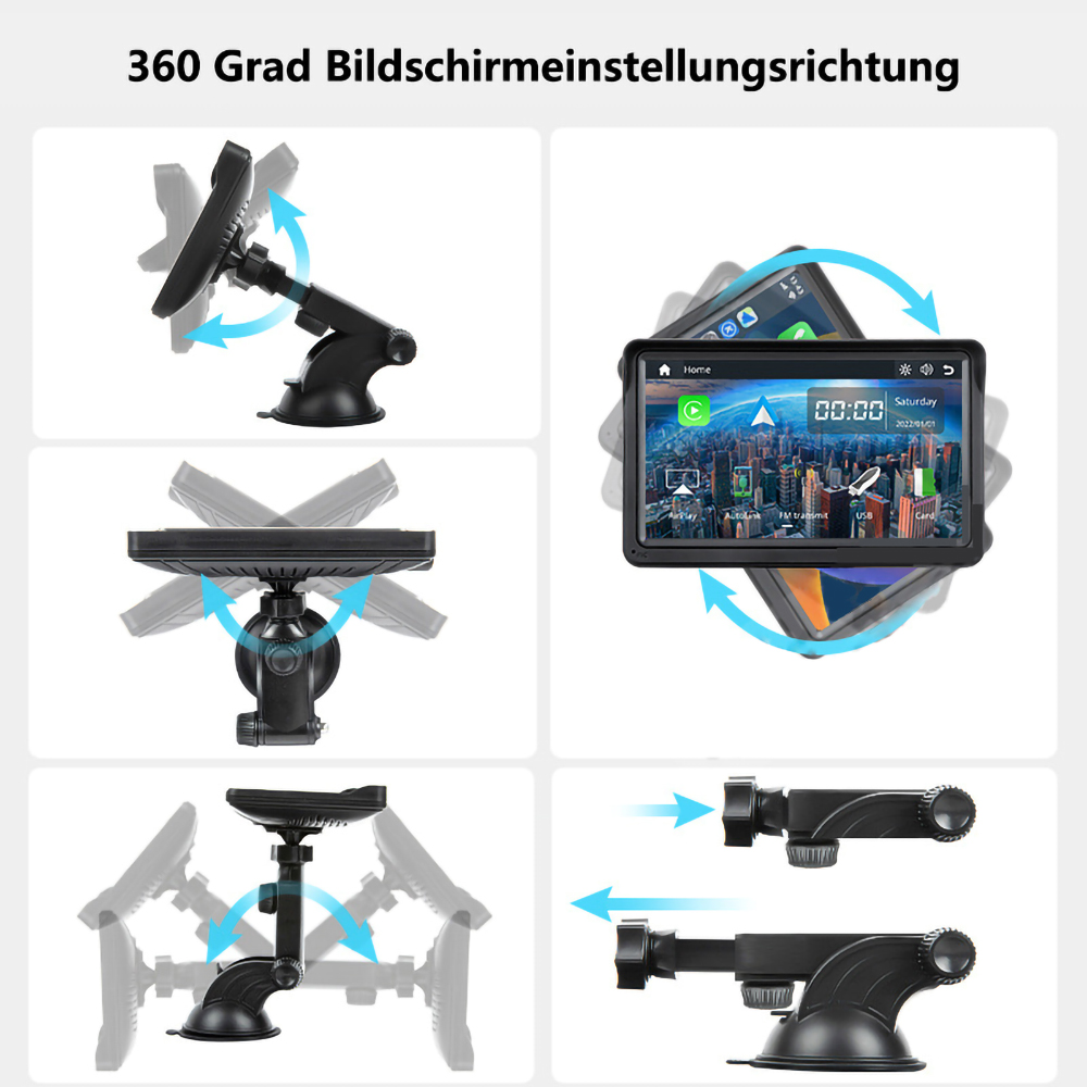 Schwarze Bildschirmhalterung für das Armaturenbrett des Autos, aus mehreren Winkeln gezeigt.