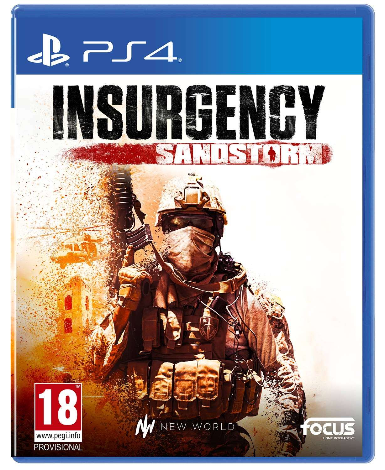 Etui do gry PS4 Insurgency Sandstorm. Okładka przedstawia żołnierza z bronią, pomarańczowe tło.