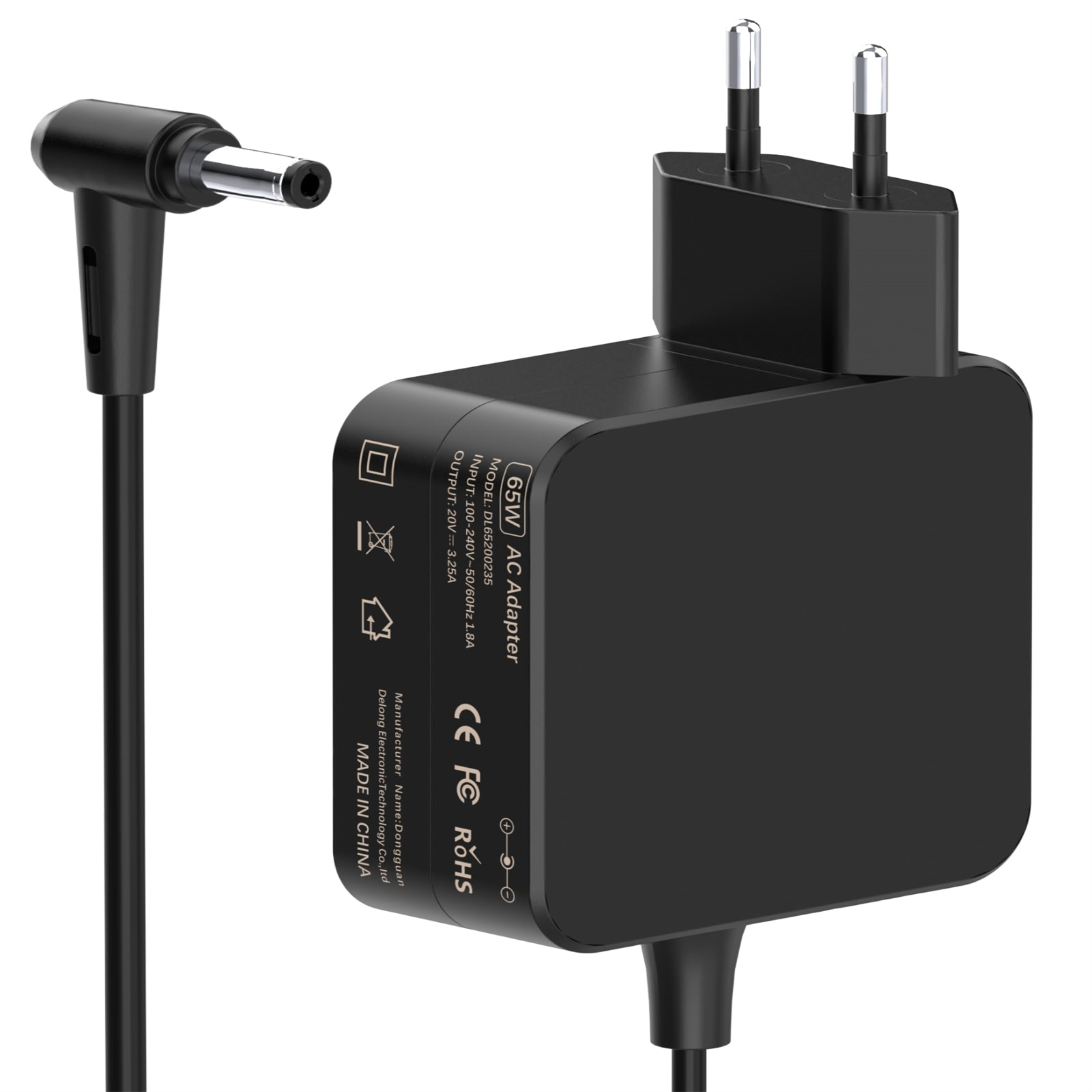Ein schwarzes 65W-AC-Netzteil mit Kabel und Stecker. Es hat ein Etikett und befindet sich auf einer weißen Oberfläche.