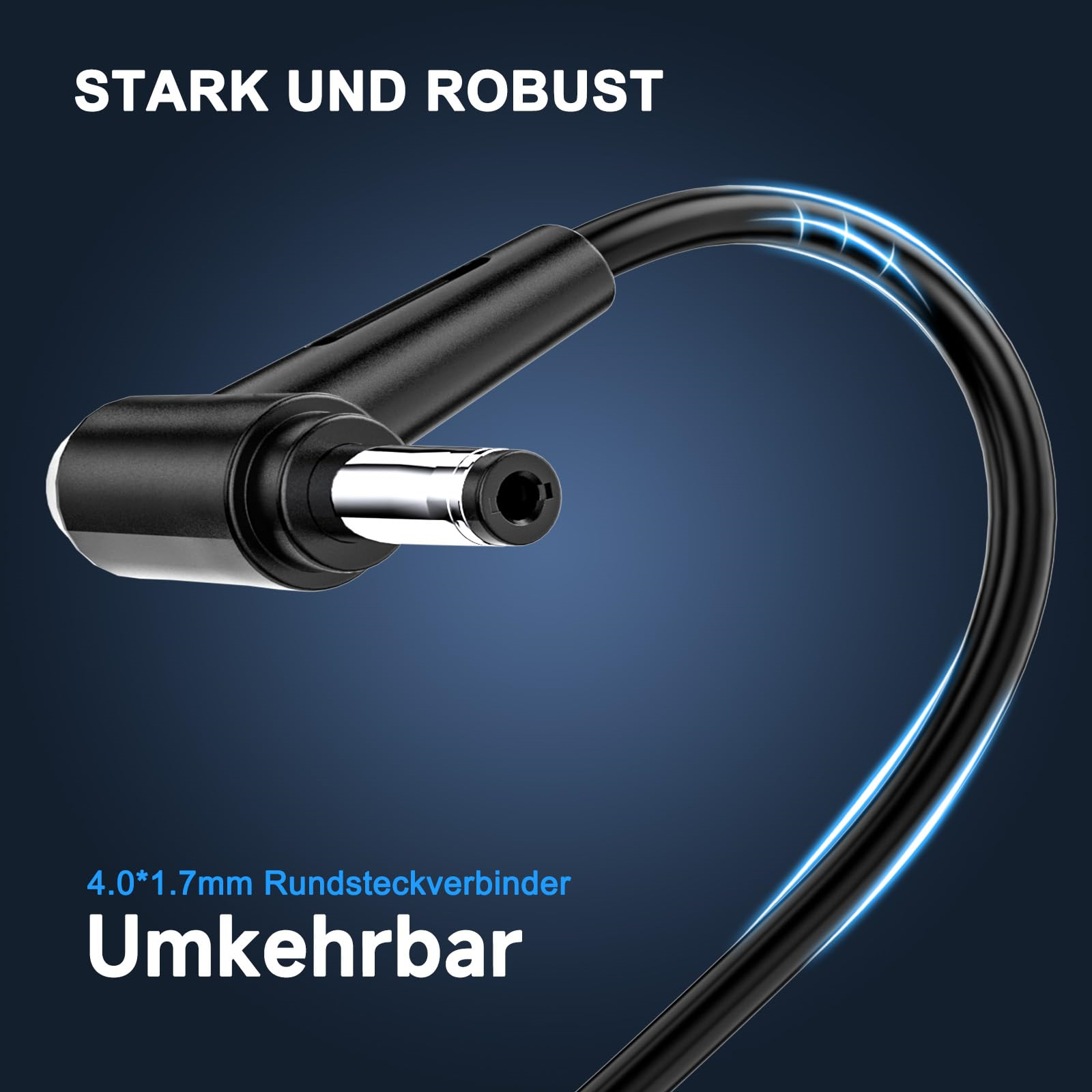 Ein schwarzes Kabel mit einem rechtwinkligen Stecker. Text zeigt 