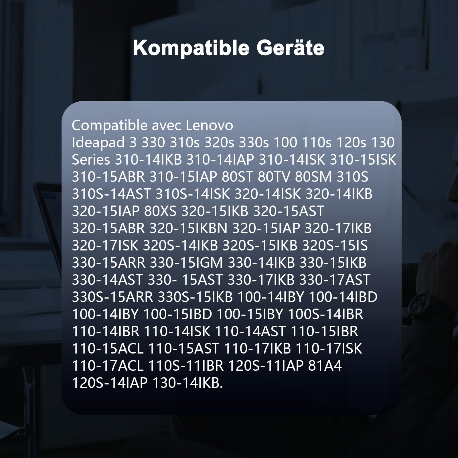 Eine Liste von Lenovo Ideapad-Modellen, angezeigt auf einem Bildschirm mit verschwommenem Hintergrund.