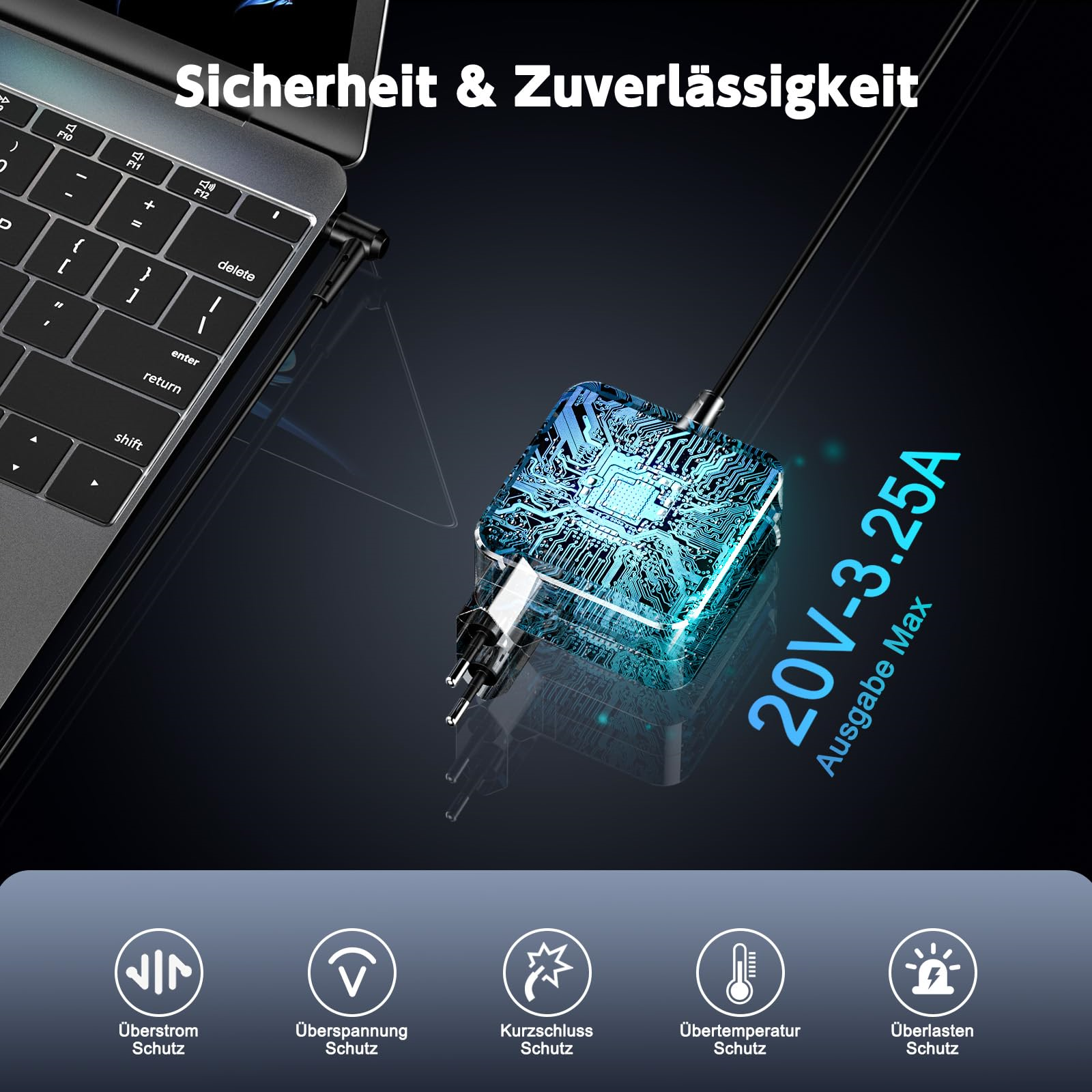 Ein Computer, ein Ladekabel und mehrere Symbole, die sich auf Sicherheit und Zuverlässigkeit beziehen.