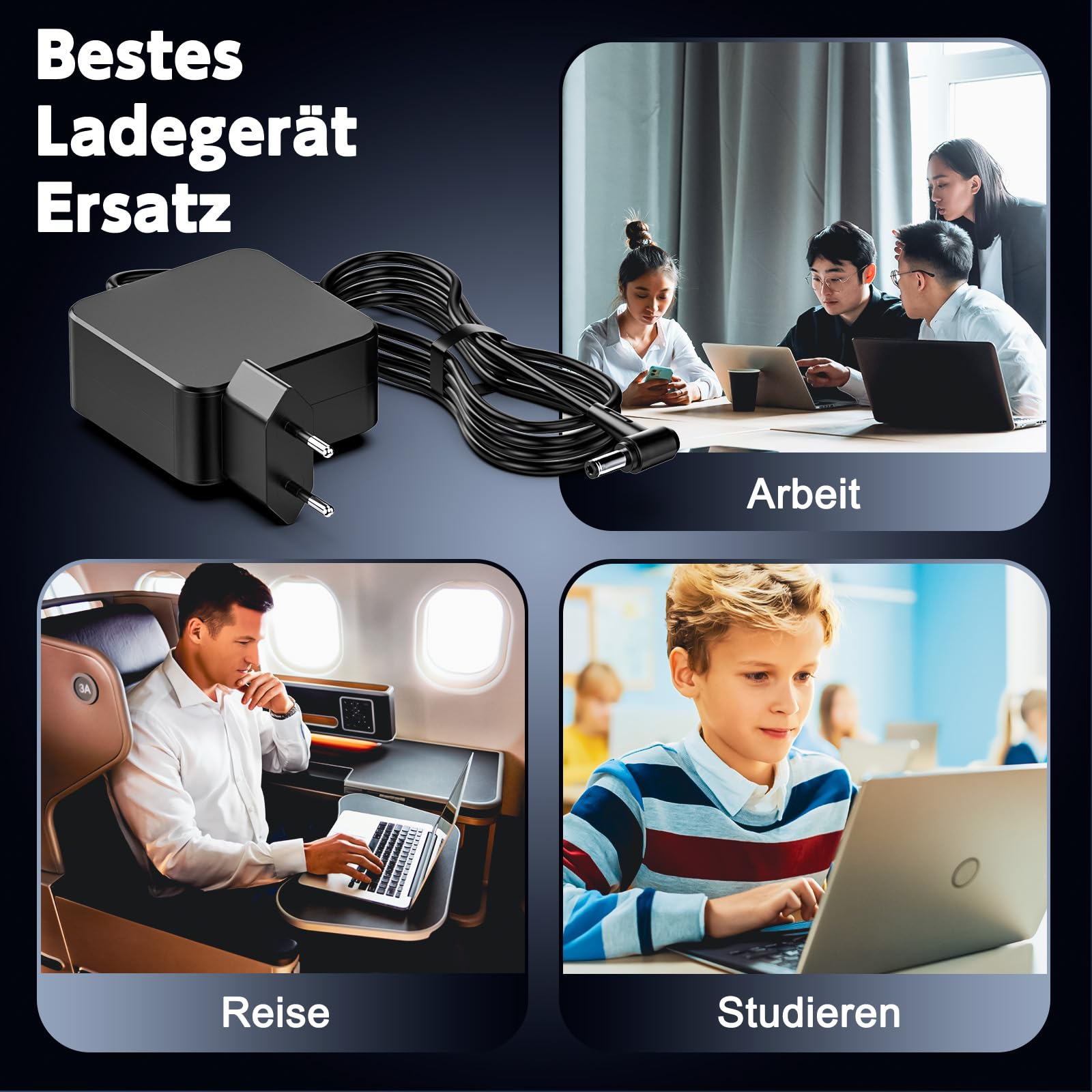 Collage mit Ladegerät und Personen, die Laptops in verschiedenen Szenarien verwenden: Arbeit, Reisen und Lernen.