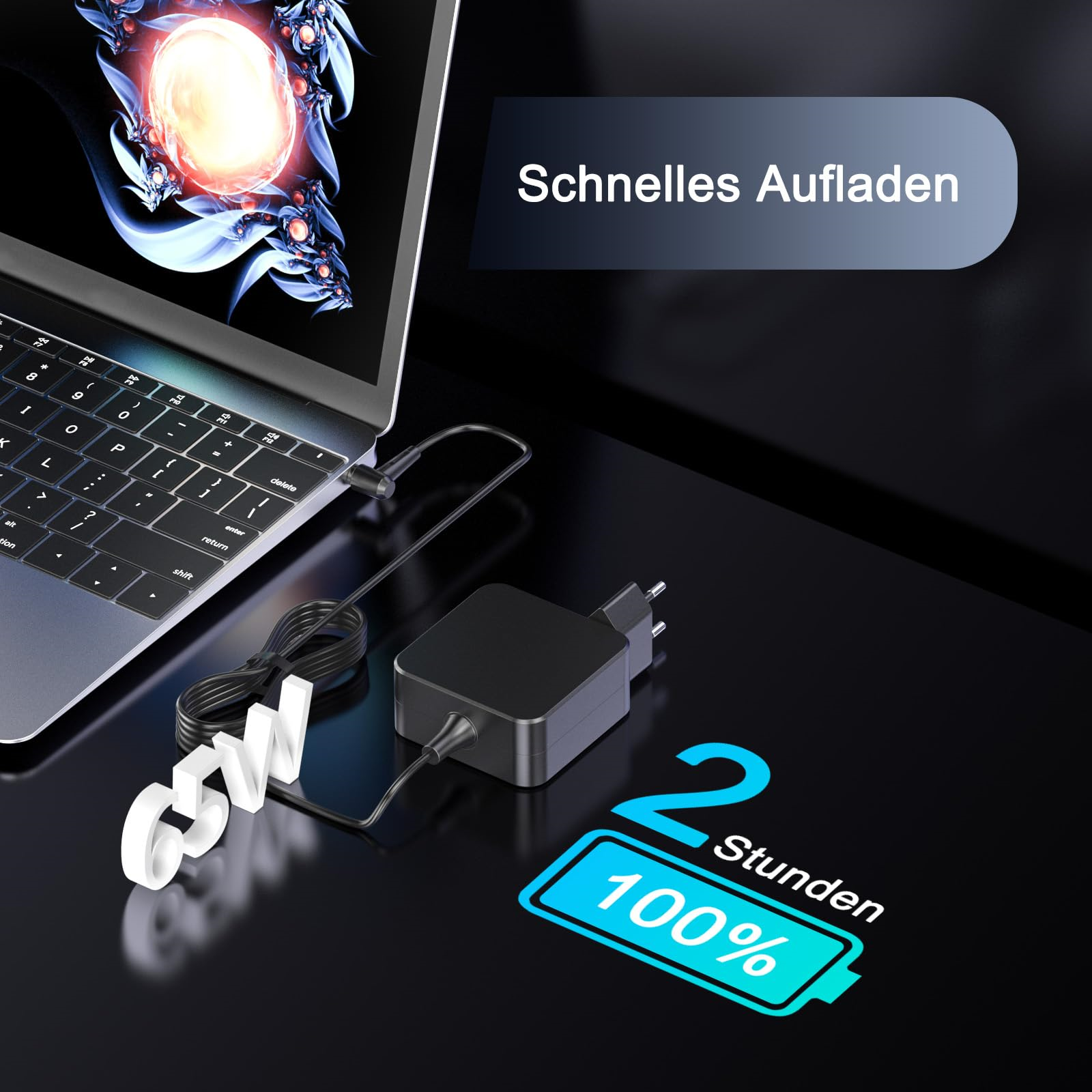 Laptop mit Ladegerät und Text, der schnelles Aufladen anzeigt. Zeigt ein 65-W-Ladegerät und 2 Stunden Ladezeit.