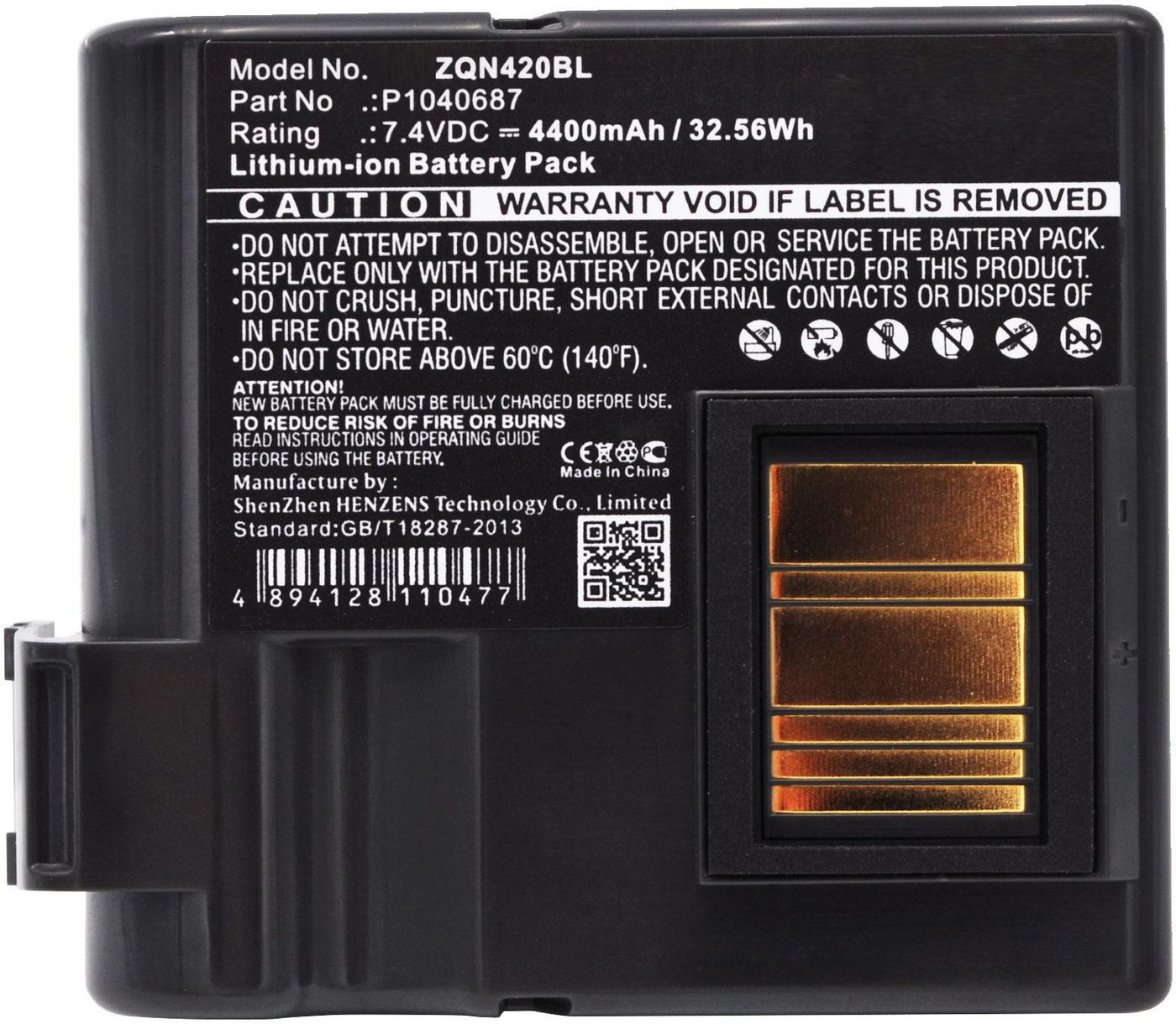 Batteria nera, con testo che indica avvertenze e specifiche e contatti dorati.