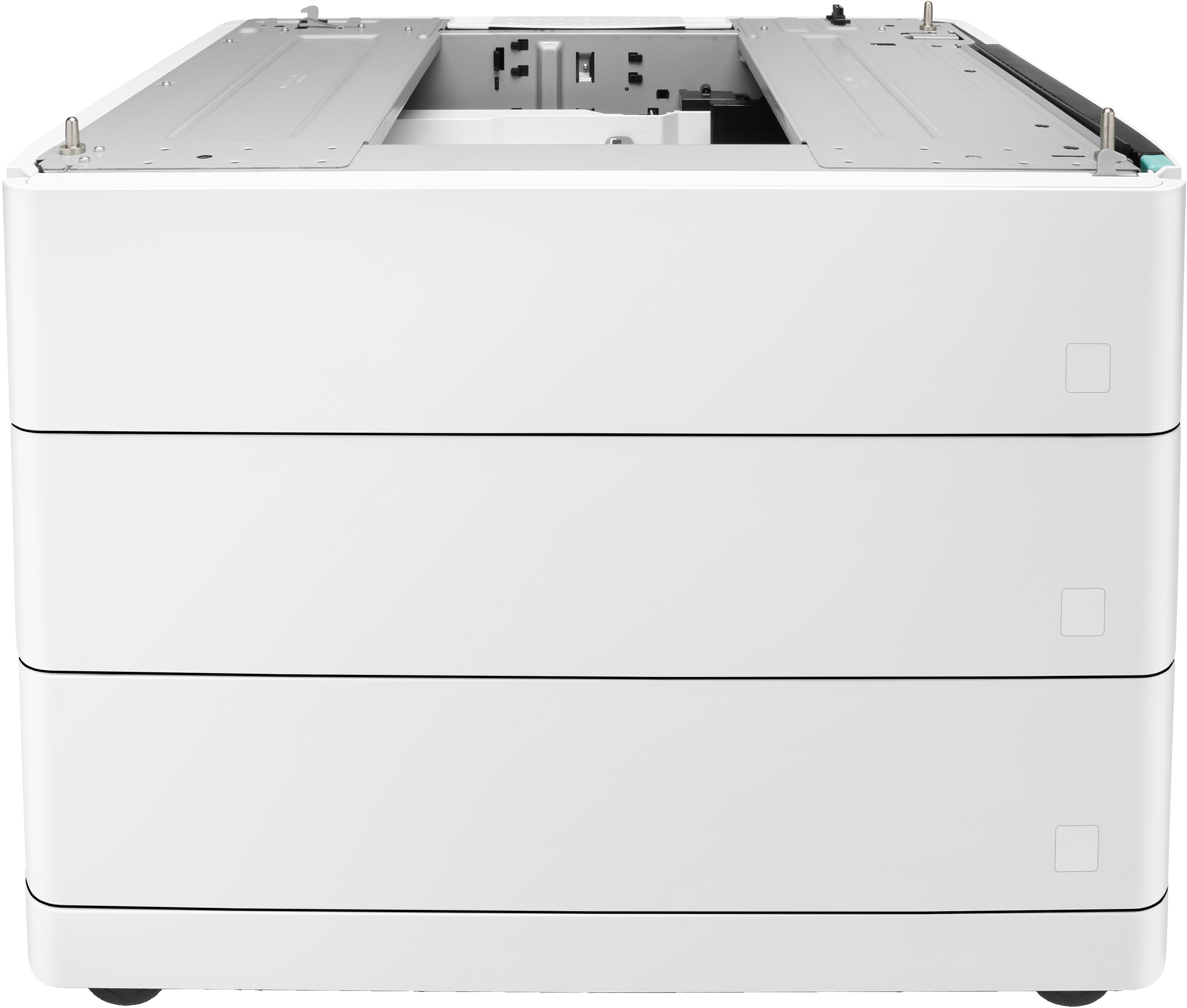 Biała drukarka z 3 tacami. Góra jest otwarta. Tło jest białe.