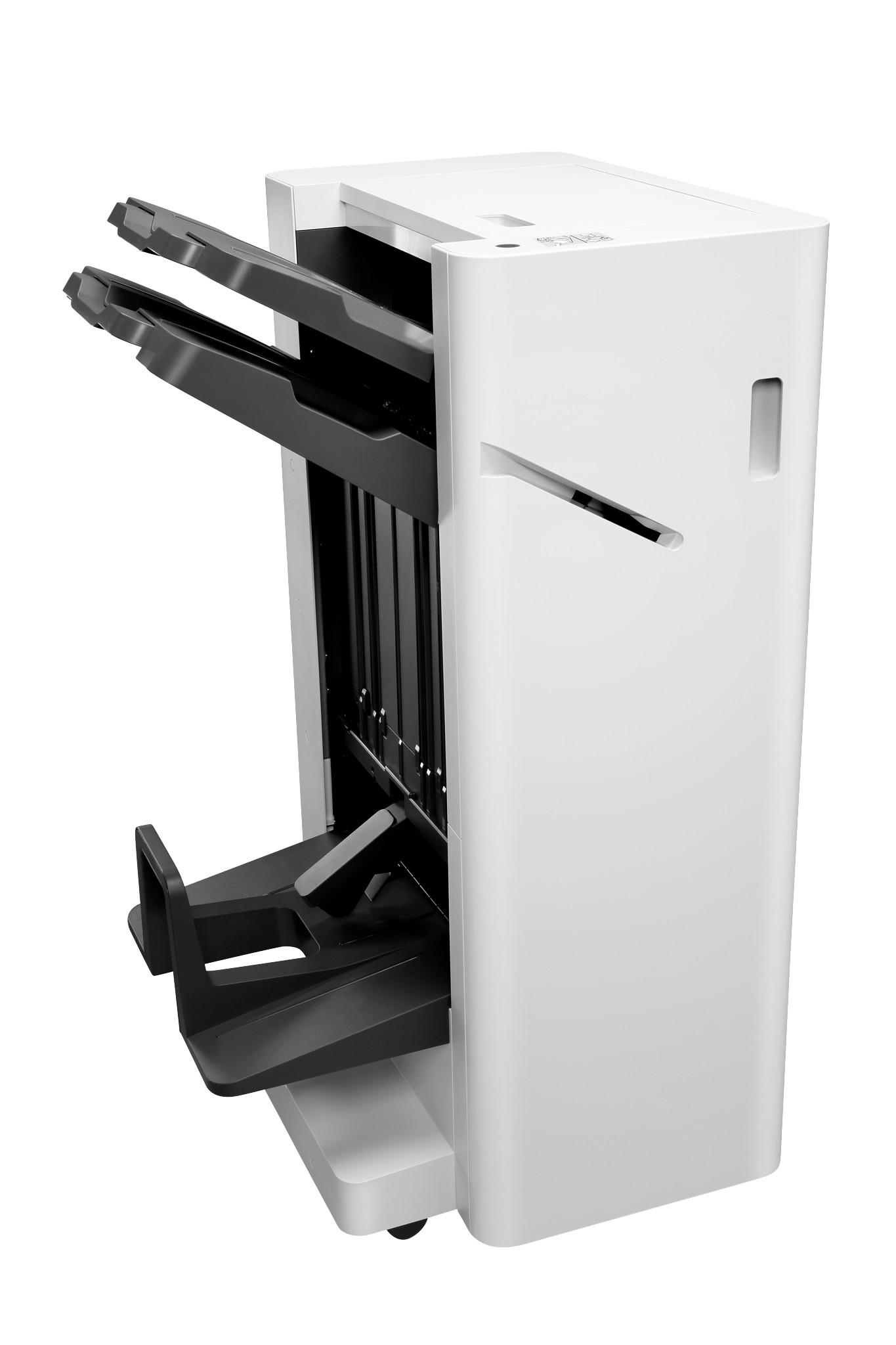 Biała drukarka z wysuniętymi czarnymi tacami. Tło jest białe.