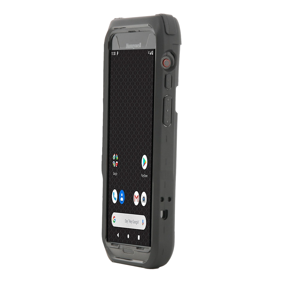 Czarny przenośny Honeywell w etui, ekran z aplikacjami. Przyciski z boku. Izolowany na białym tle.