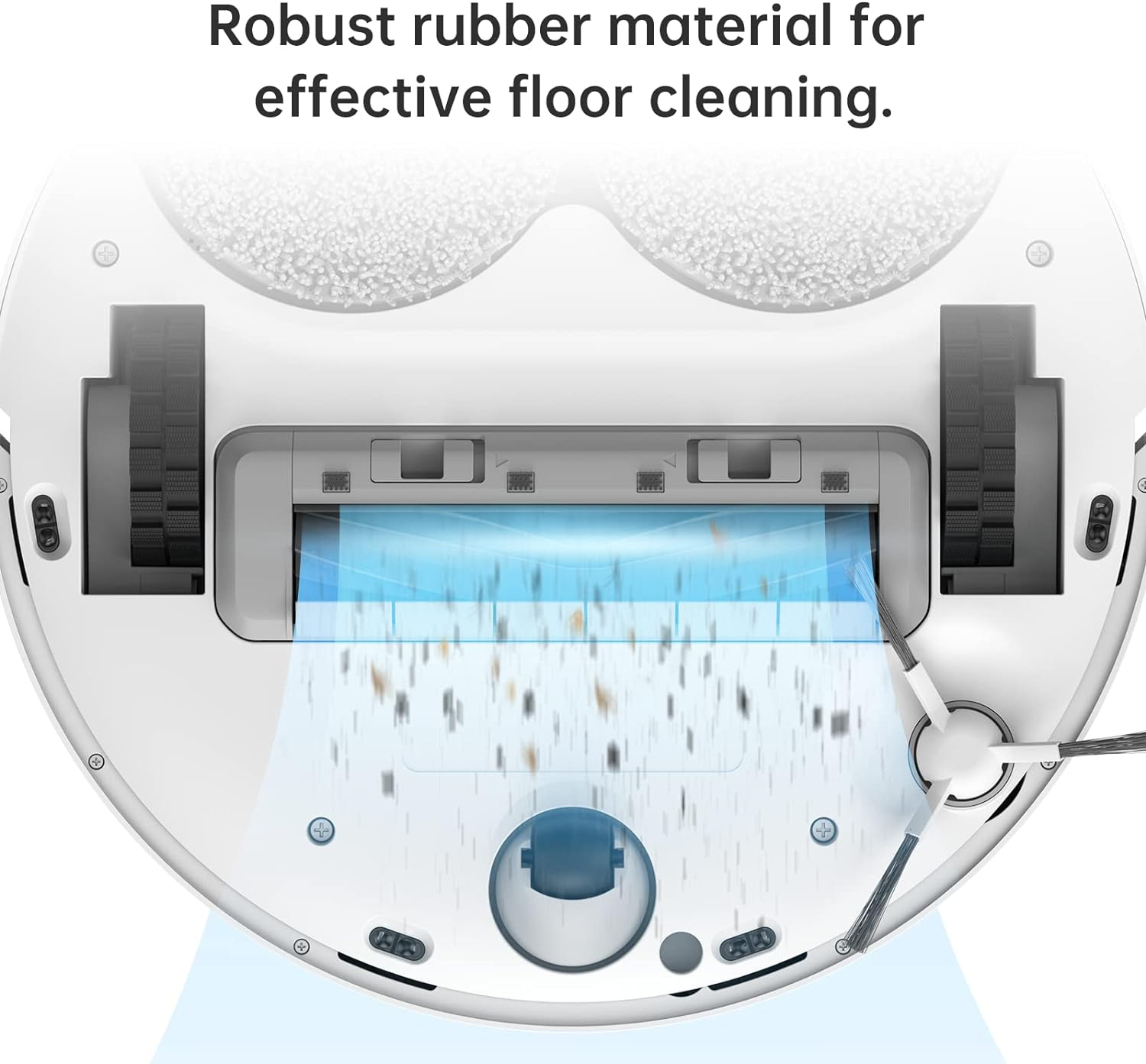 Roboter-Staubsauger mit weißem Gehäuse, der Reinigungsbürsten und den Schmutzauffangbereich zeigt.