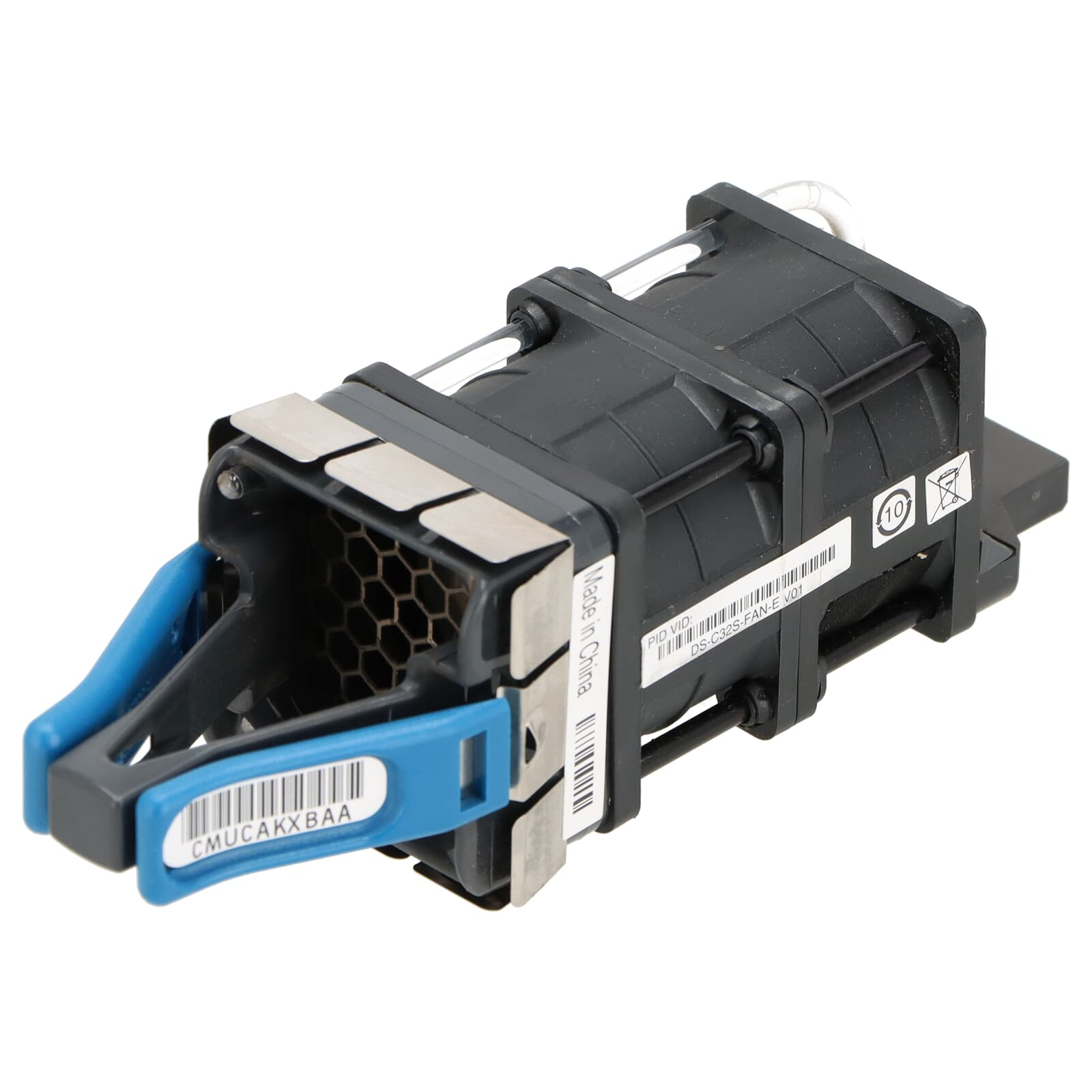 Czarny i niebieski wentylator komputerowy z kratką i naklejką. Ma niebieski uchwyt.