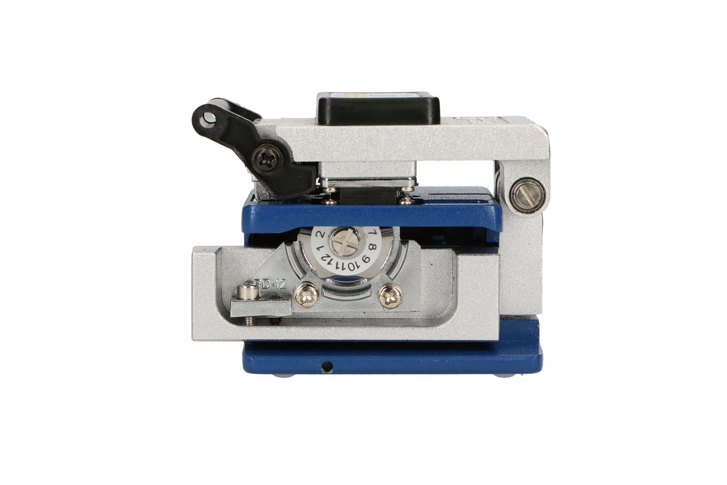 Srebrno-niebieska spawarka światłowodowa, widok z boku. Pokazuje pokrętło i przyciski.