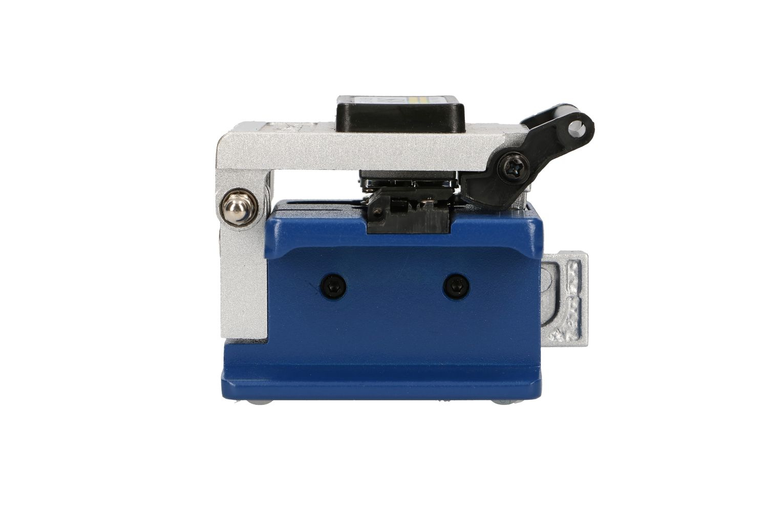 Krojenie włókien, srebrne i niebieskie, z czarnym uchwytem i niebieską podstawą. Białe tło.